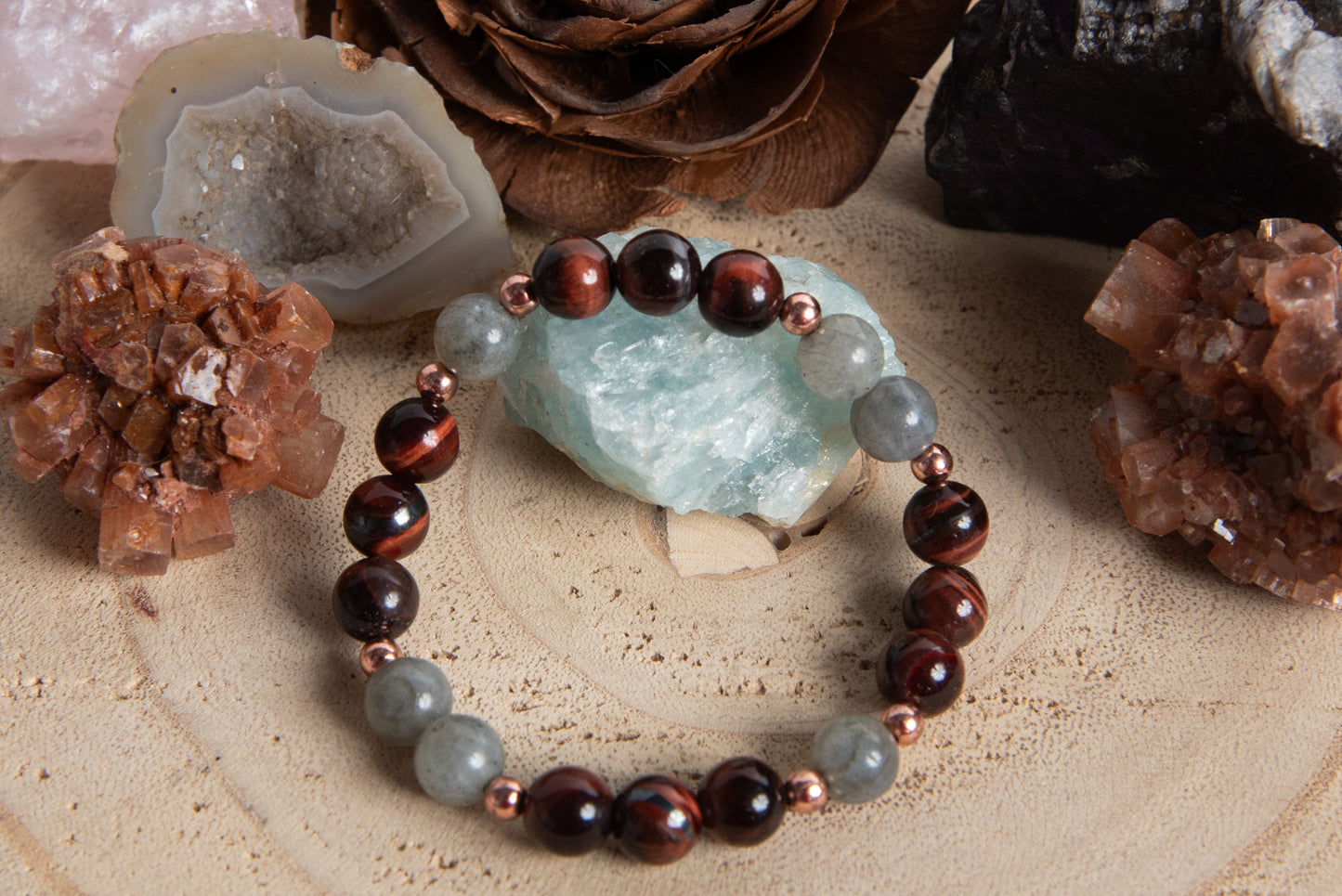 Bracciale perle 8 mm occhio di bue, labradorite, rame