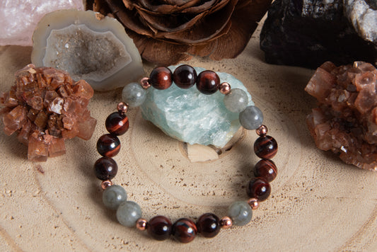 Bracciale perle 8 mm occhio di bue, labradorite, rame