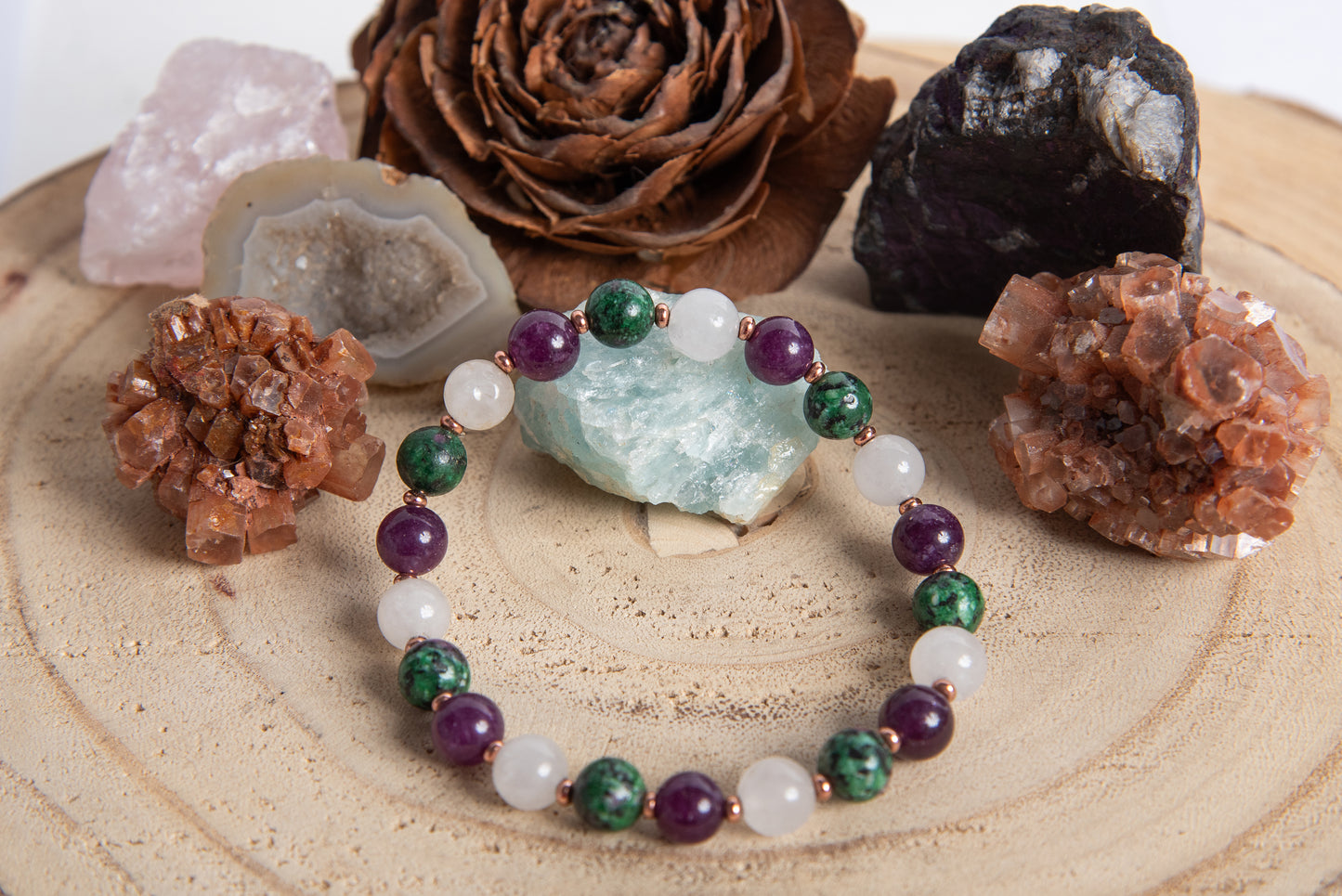 Bracciale perle 8 mm zoisite, agata bianca, ametista, rame