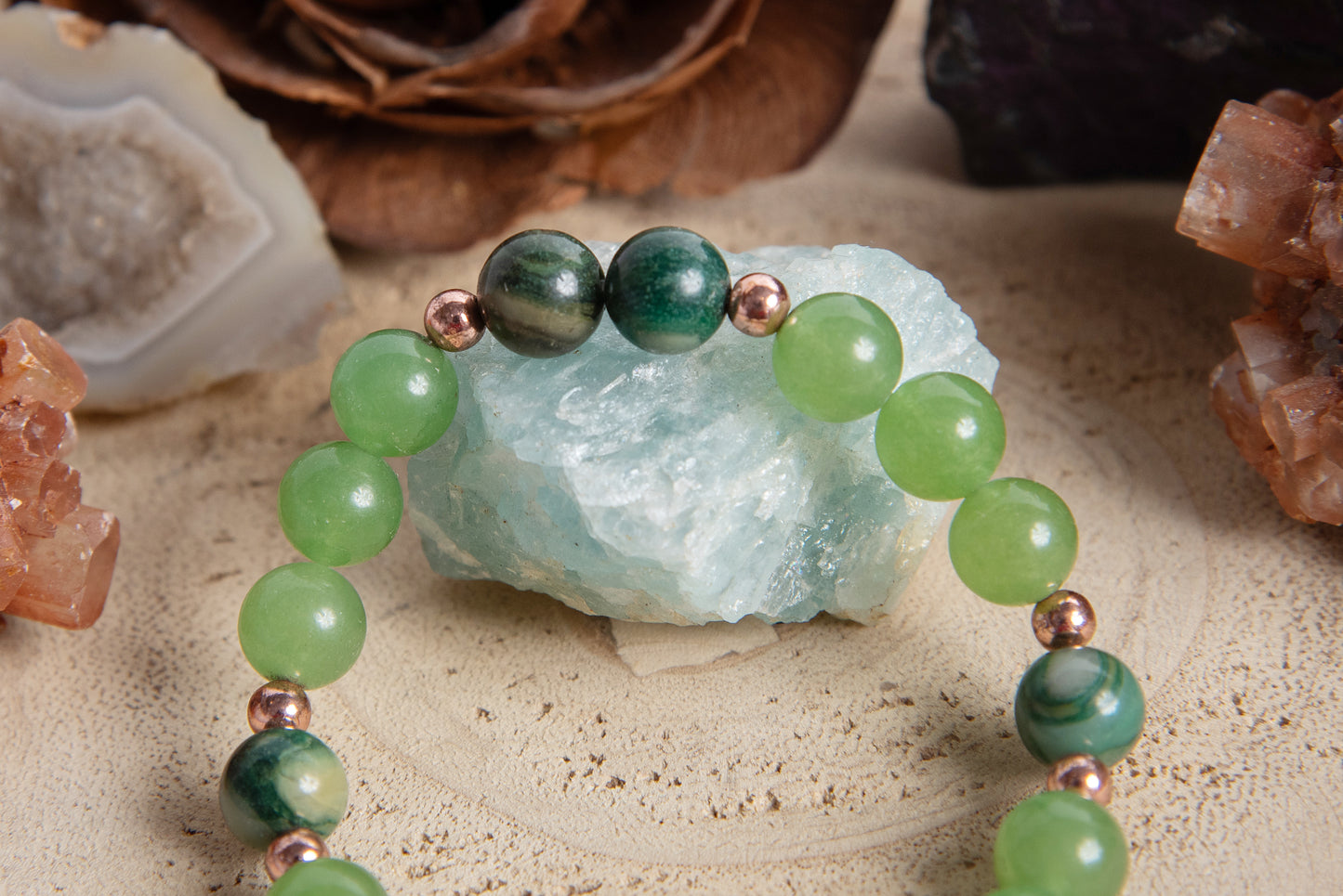 Bracciale perle 8 mm avventurina, giada africana, rame