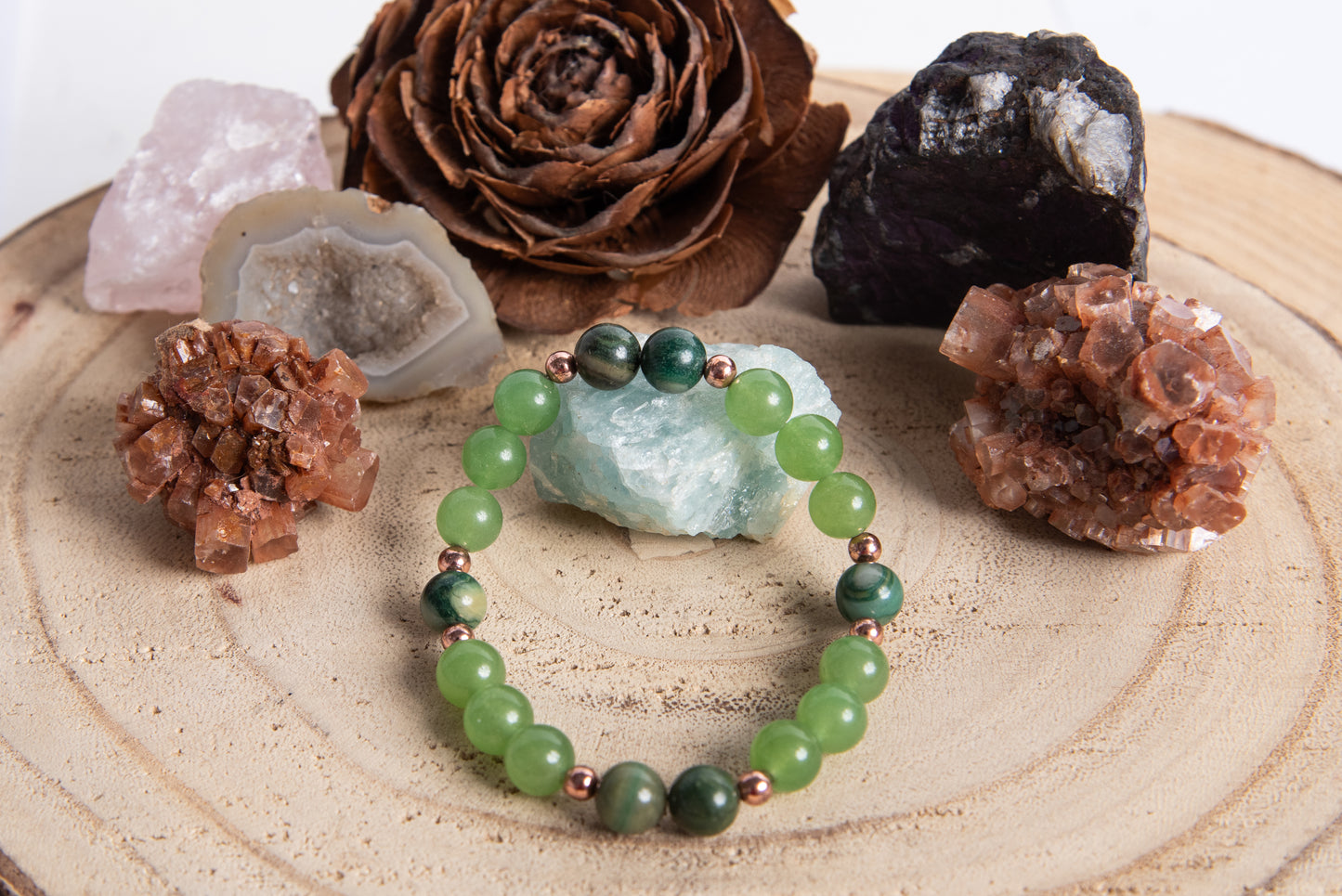 Bracciale perle 8 mm avventurina, giada africana, rame