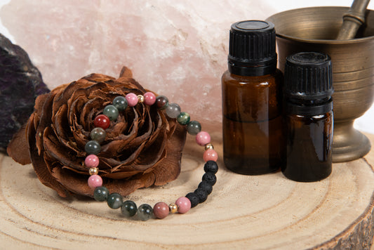 Eliotropio, rodonite, diaspro rosso, lava, argento dorato 925