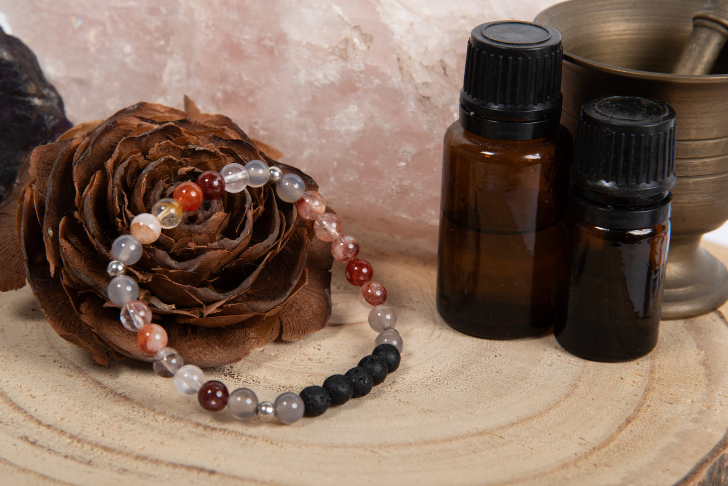 Quarzo ematoide, agata grigia, lava, argento 925