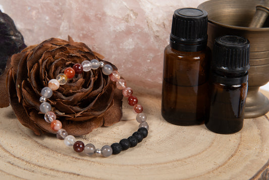 Quarzo ematoide, agata grigia, lava, argento 925