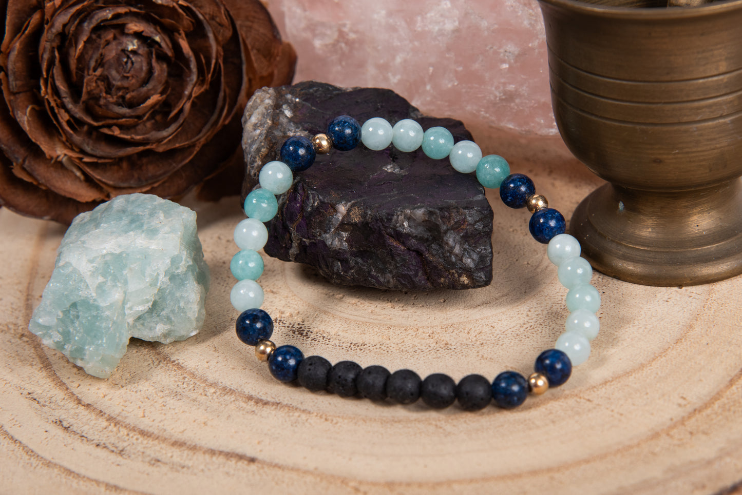 Amazzonite,lapislazzuli, lava, argento dorato 925