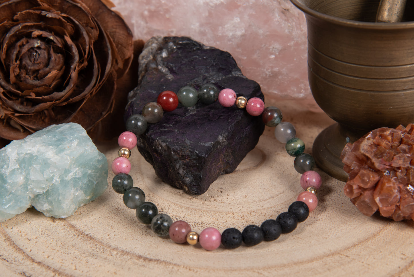 Eliotropio, rodonite, diaspro rosso, lava, argento dorato 925