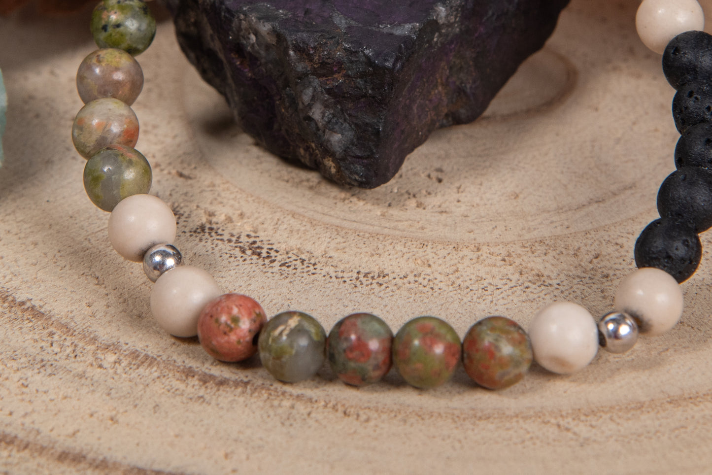 Unakite, diaspro bianco, lava, argento 925