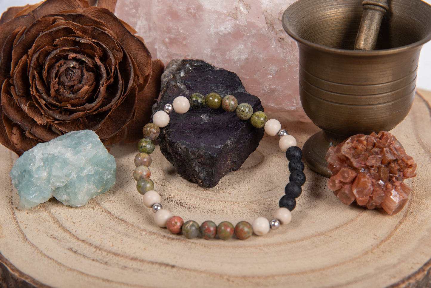 Unakite, diaspro bianco, lava, argento 925