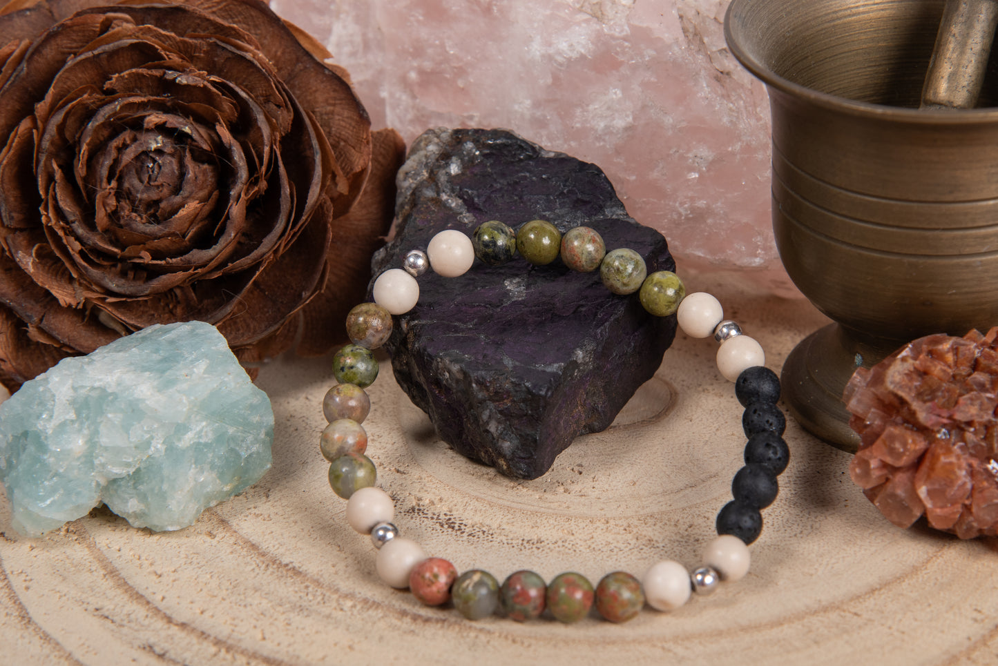 Unakite, diaspro bianco, lava, argento 925