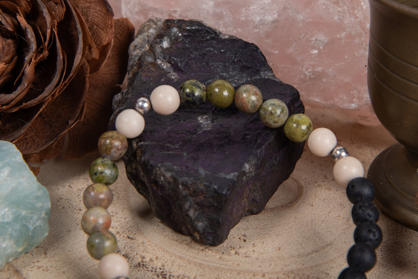 Unakite, diaspro bianco, lava, argento 925