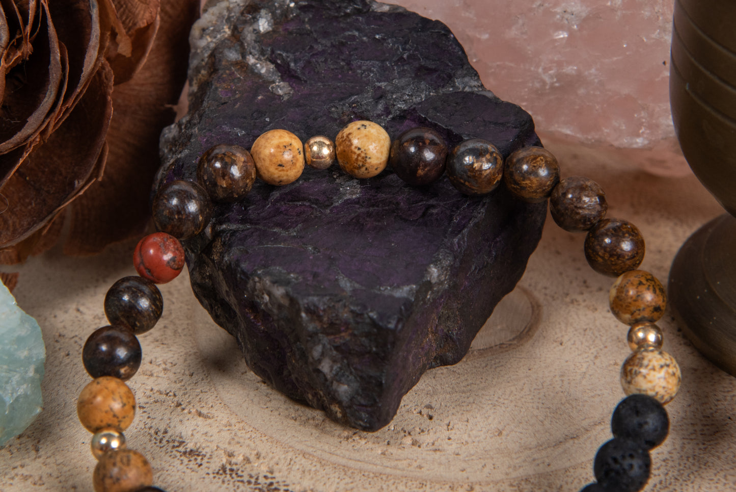 Diaspro paesaggio, diaspro rosso, bronzite, lava, argento dorato 925