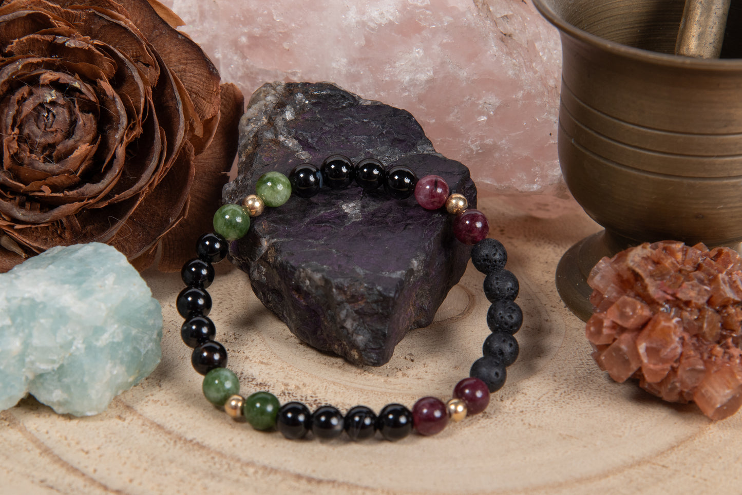 Onice, tormalina, lava, argento dorato 925