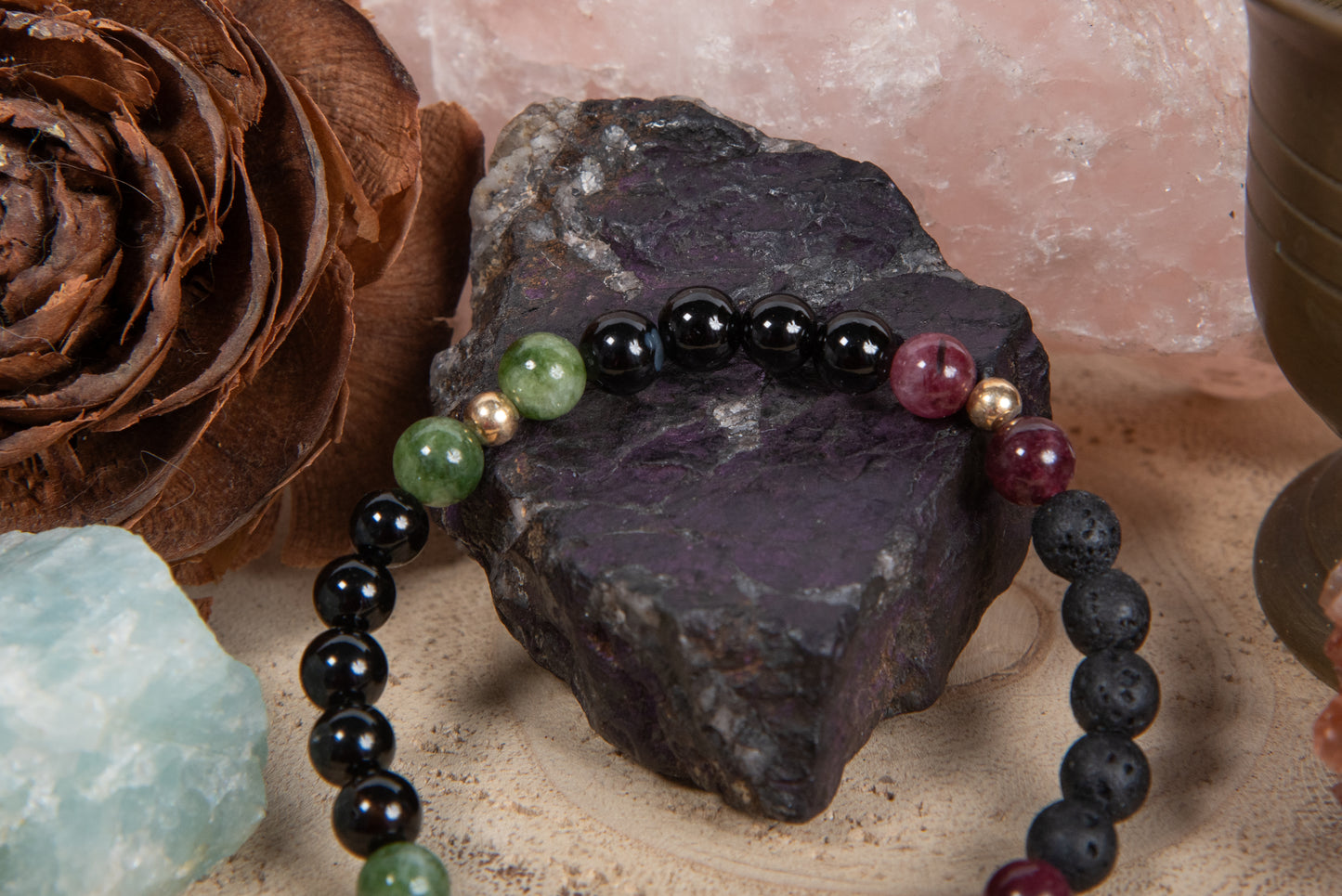 Onice, tormalina, lava, argento dorato 925