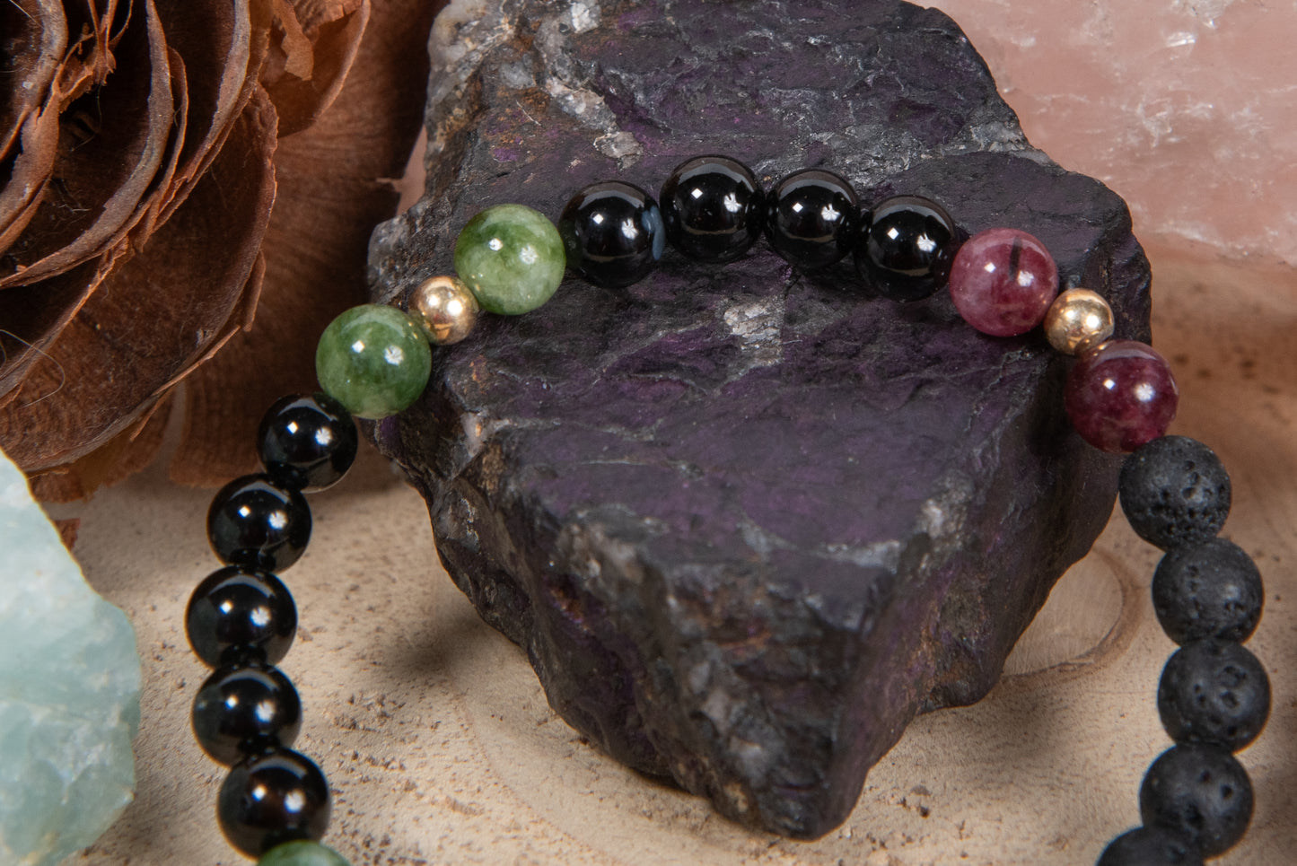 Onice, tormalina, lava, argento dorato 925