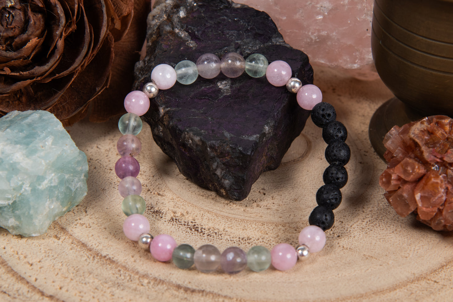 Fluorite, kunzite, lava, argento 925