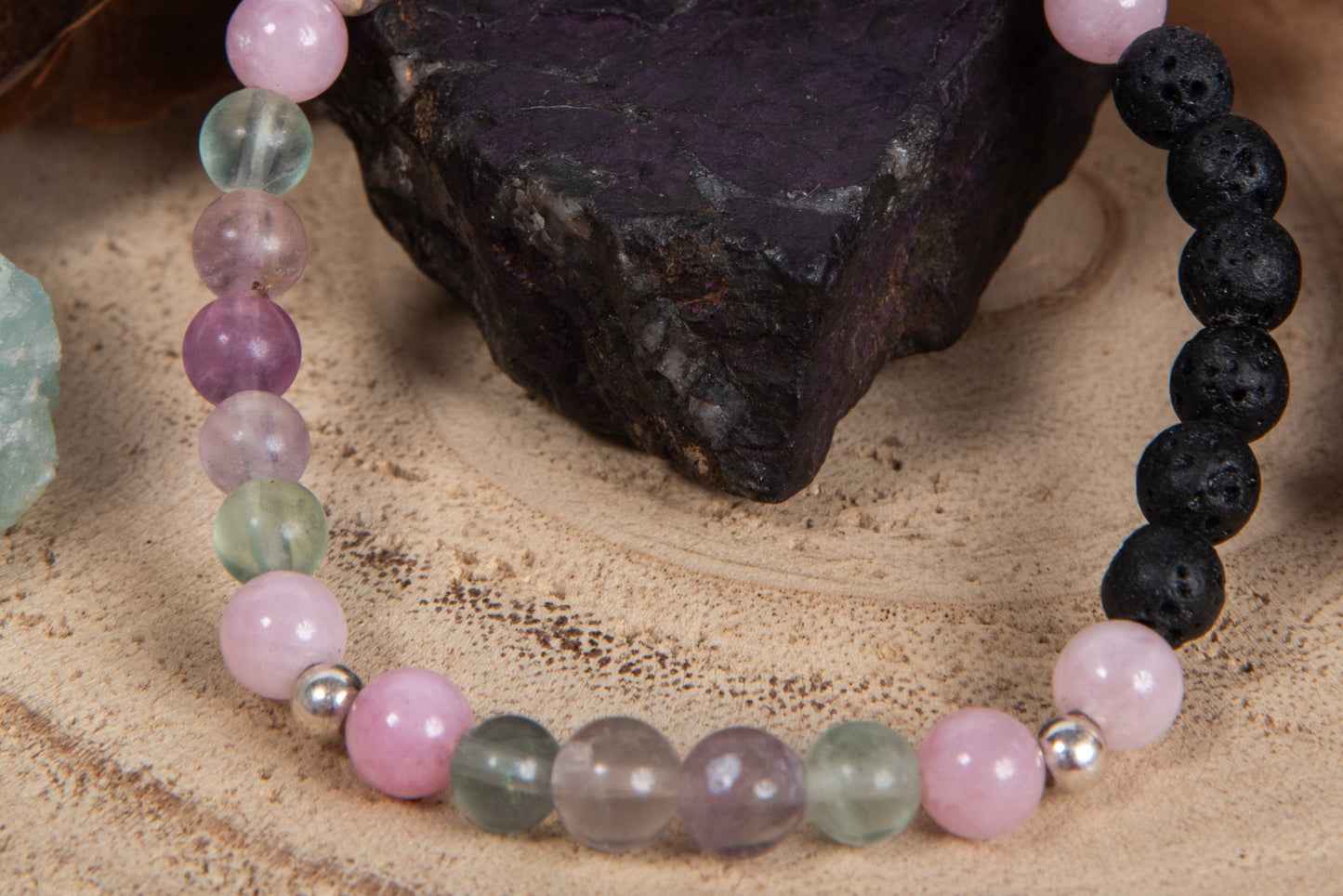 Fluorite, kunzite, lava, argento 925