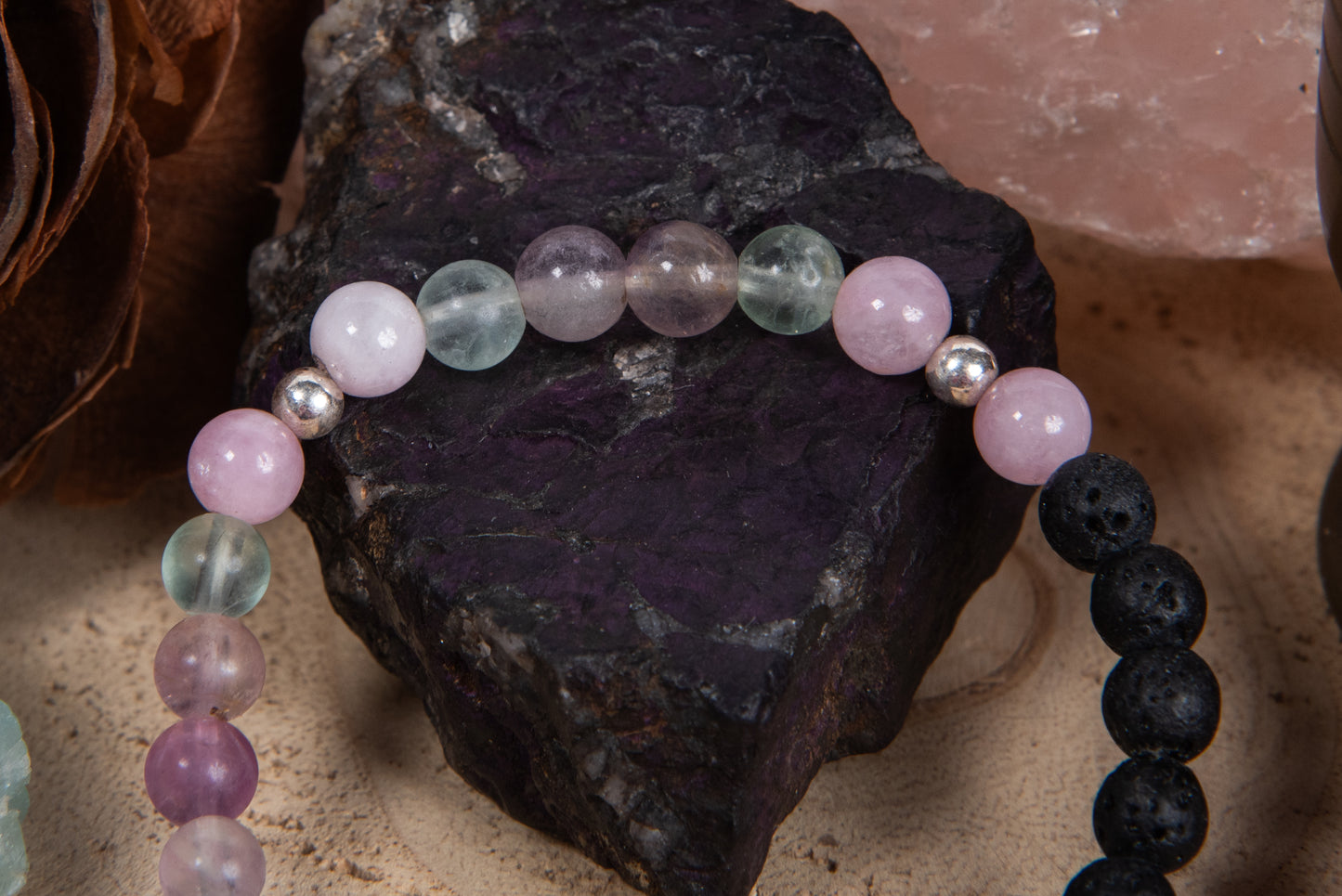 Fluorite, kunzite, lava, argento 925