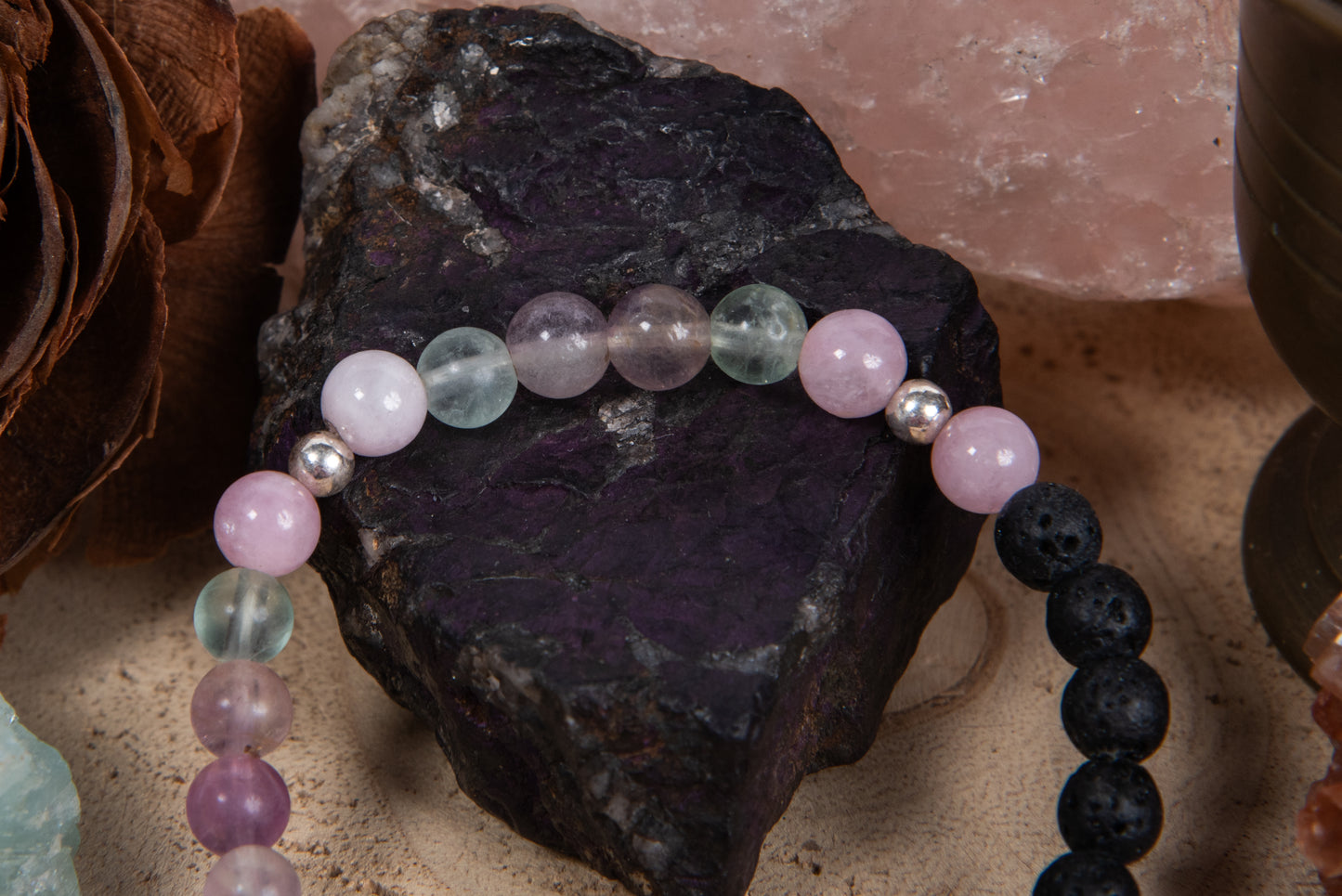 Fluorite, kunzite, lava, argento 925