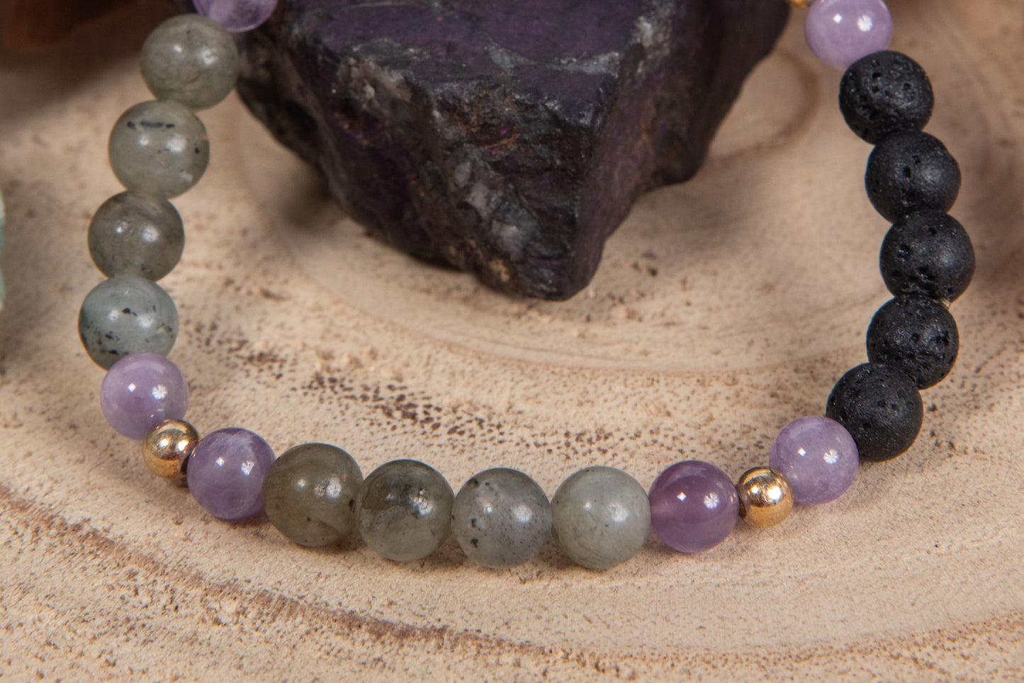 Labradorite, ametista lavanda, lava, argento dorato 925