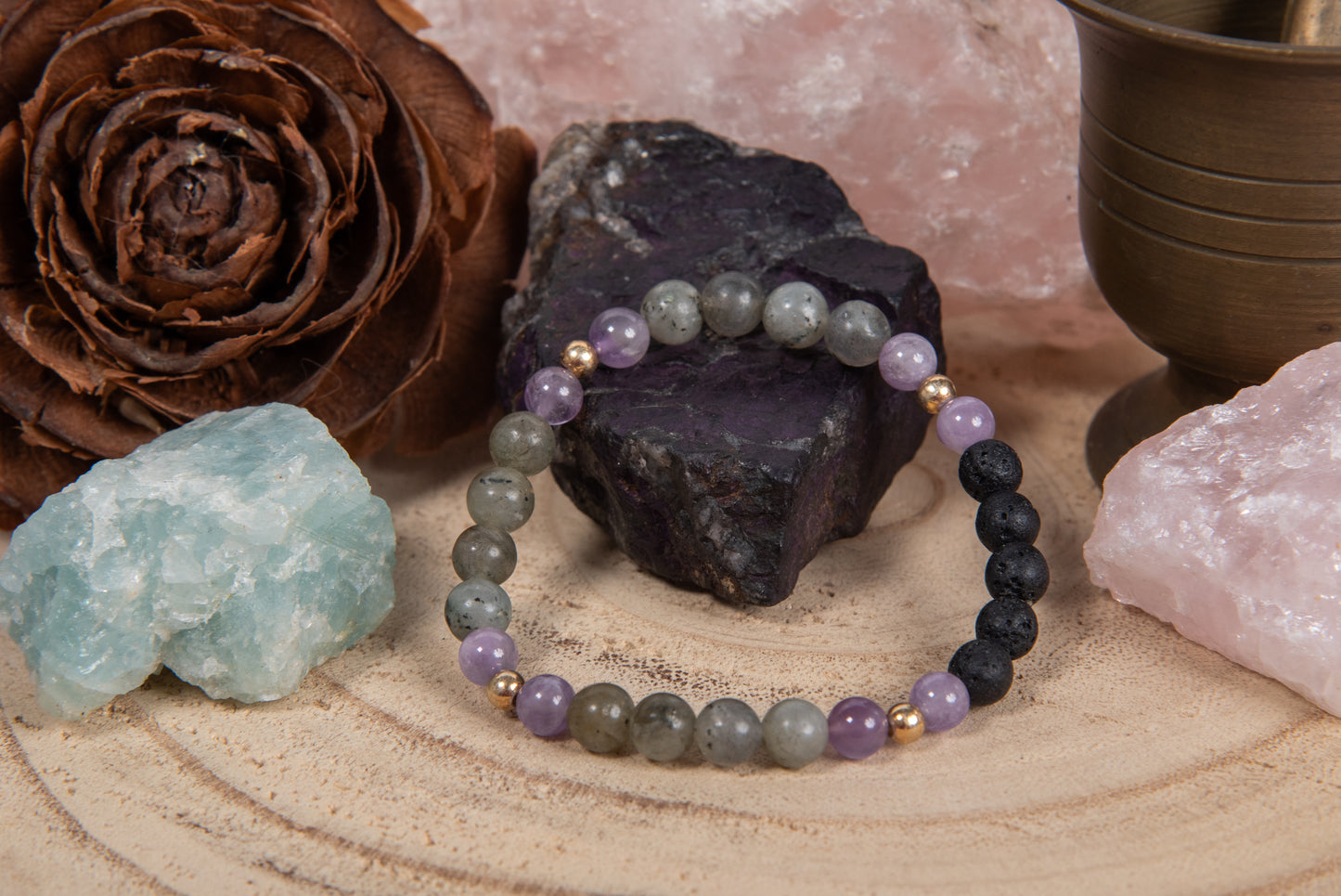 Labradorite, ametista lavanda, lava, argento dorato 925