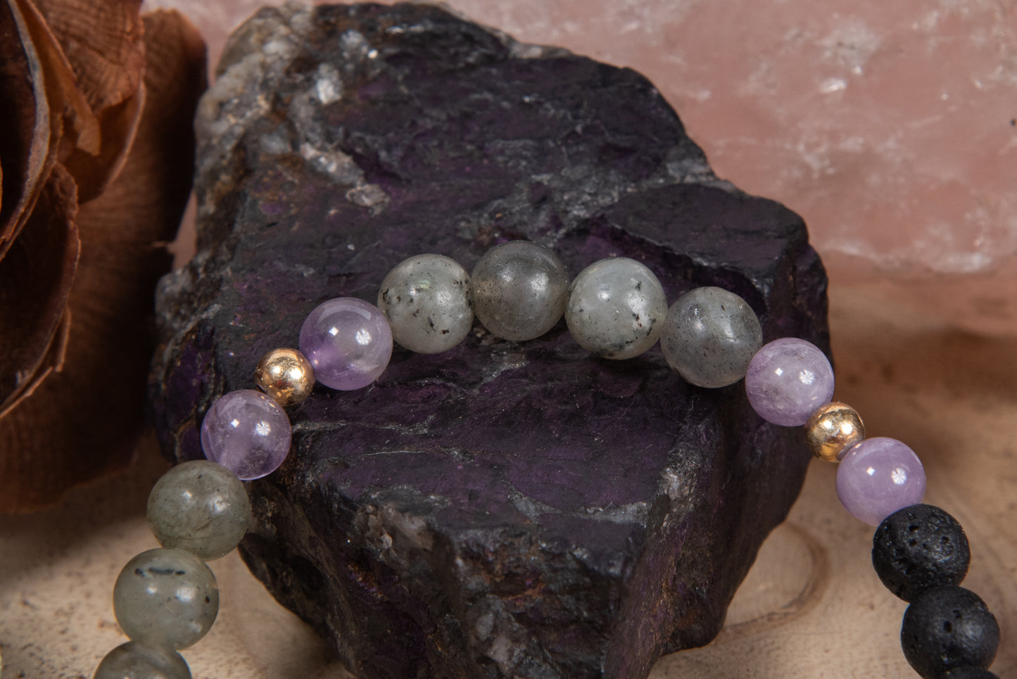 Labradorite, ametista lavanda, lava, argento dorato 925