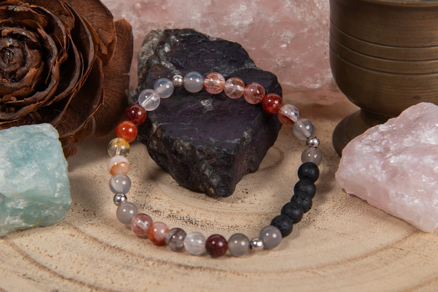 Quarzo ematoide, agata grigia, lava, argento 925