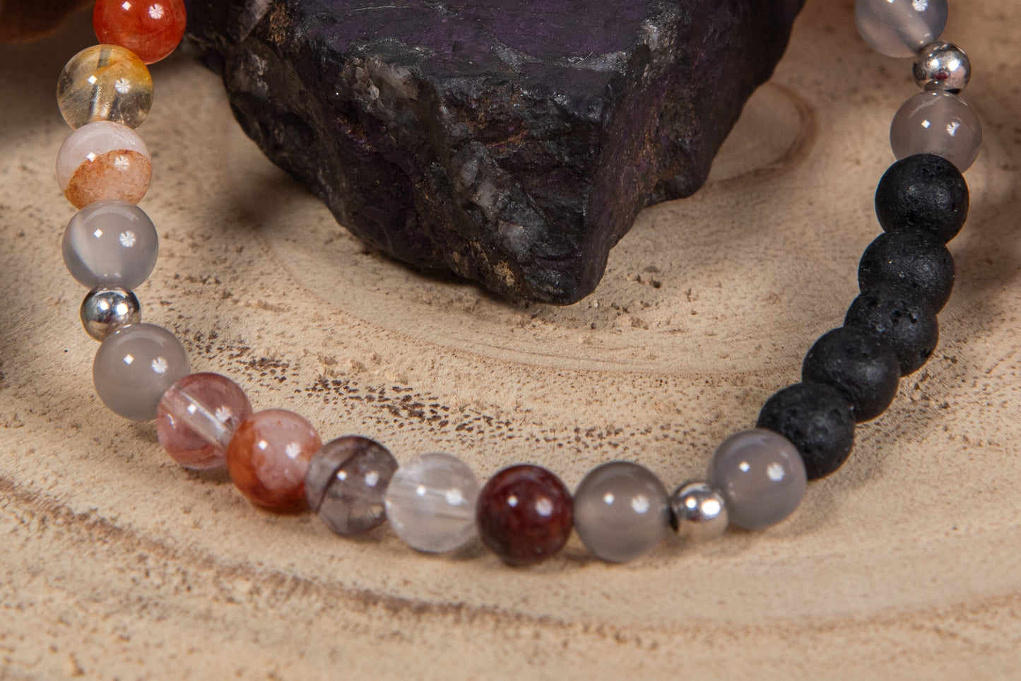 Quarzo ematoide, agata grigia, lava, argento 925