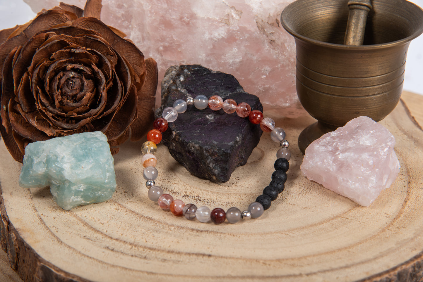 Quarzo ematoide, agata grigia, lava, argento 925