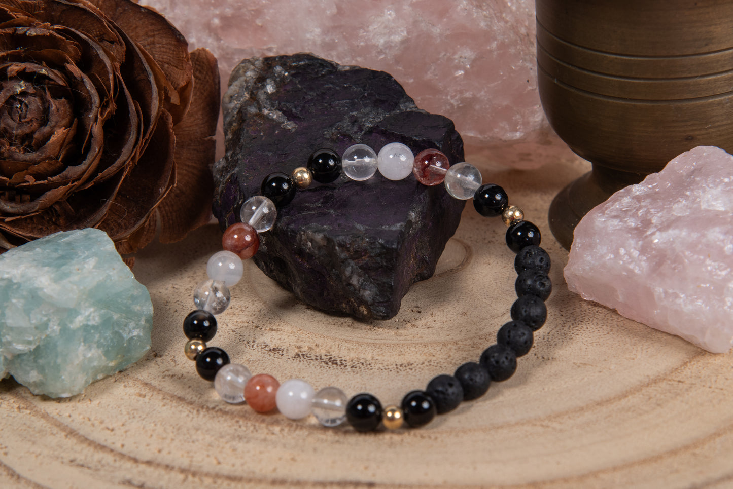 Quarzo ematoide, onice, lava, argento dorato 925