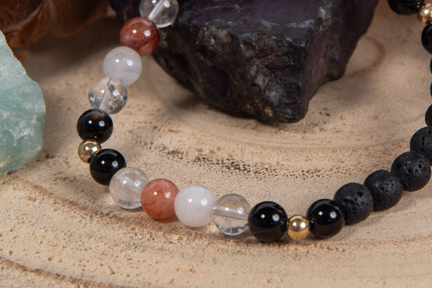 Quarzo ematoide, onice, lava, argento dorato 925