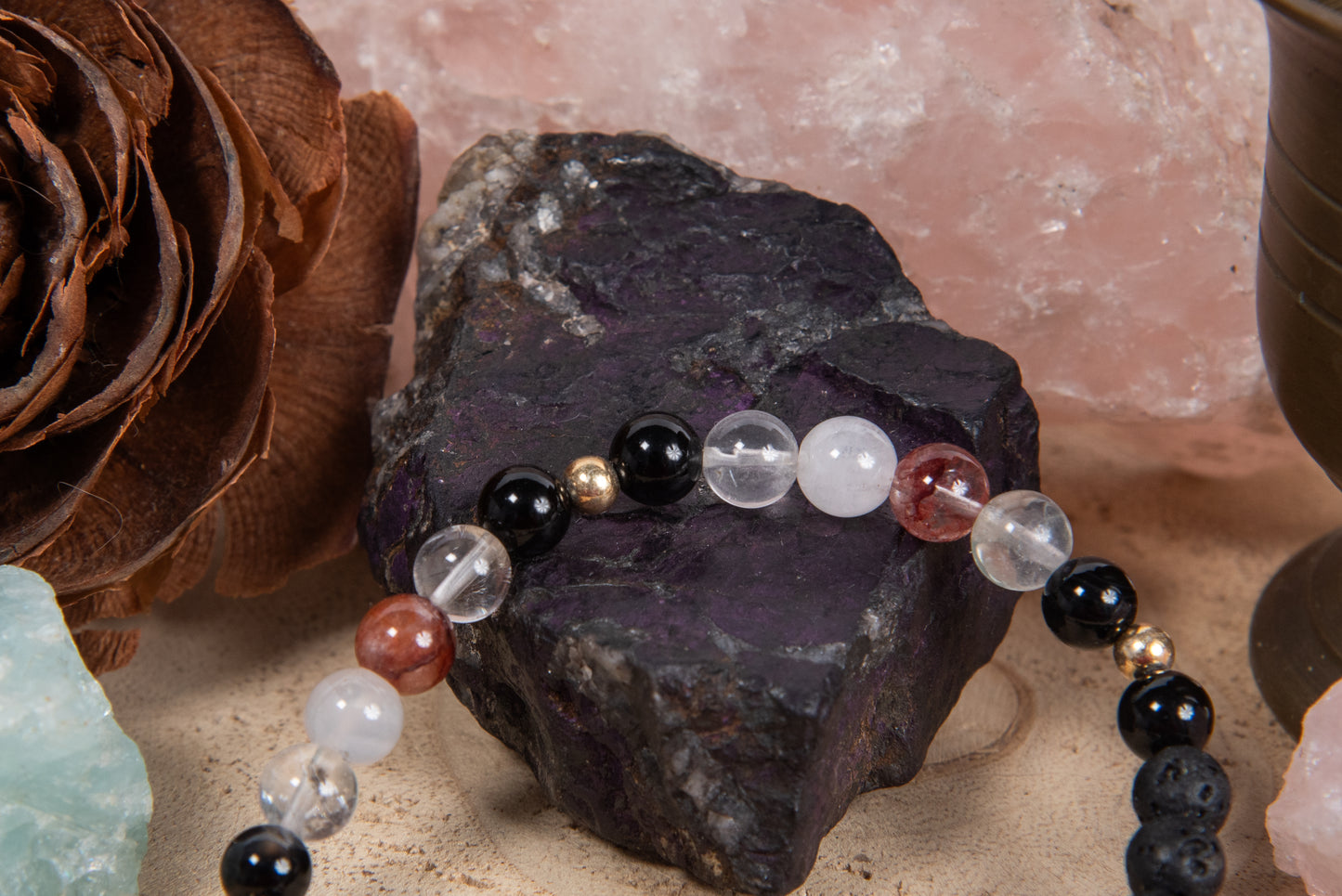 Quarzo ematoide, onice, lava, argento dorato 925