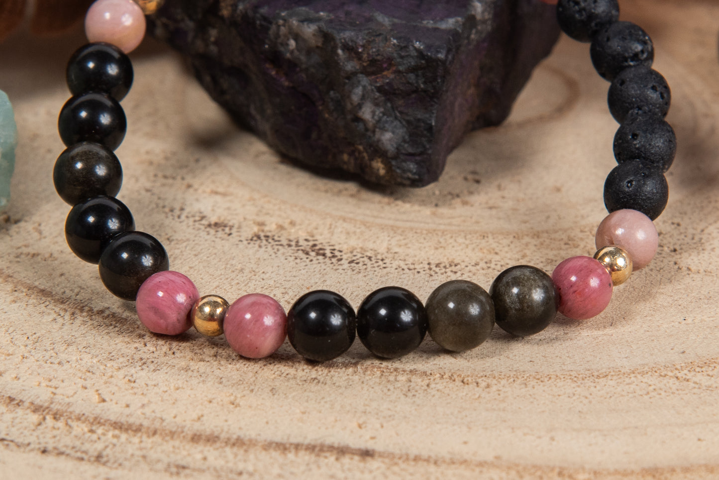 Ossidiana dorata, rodonite, lava, argento dorato 925