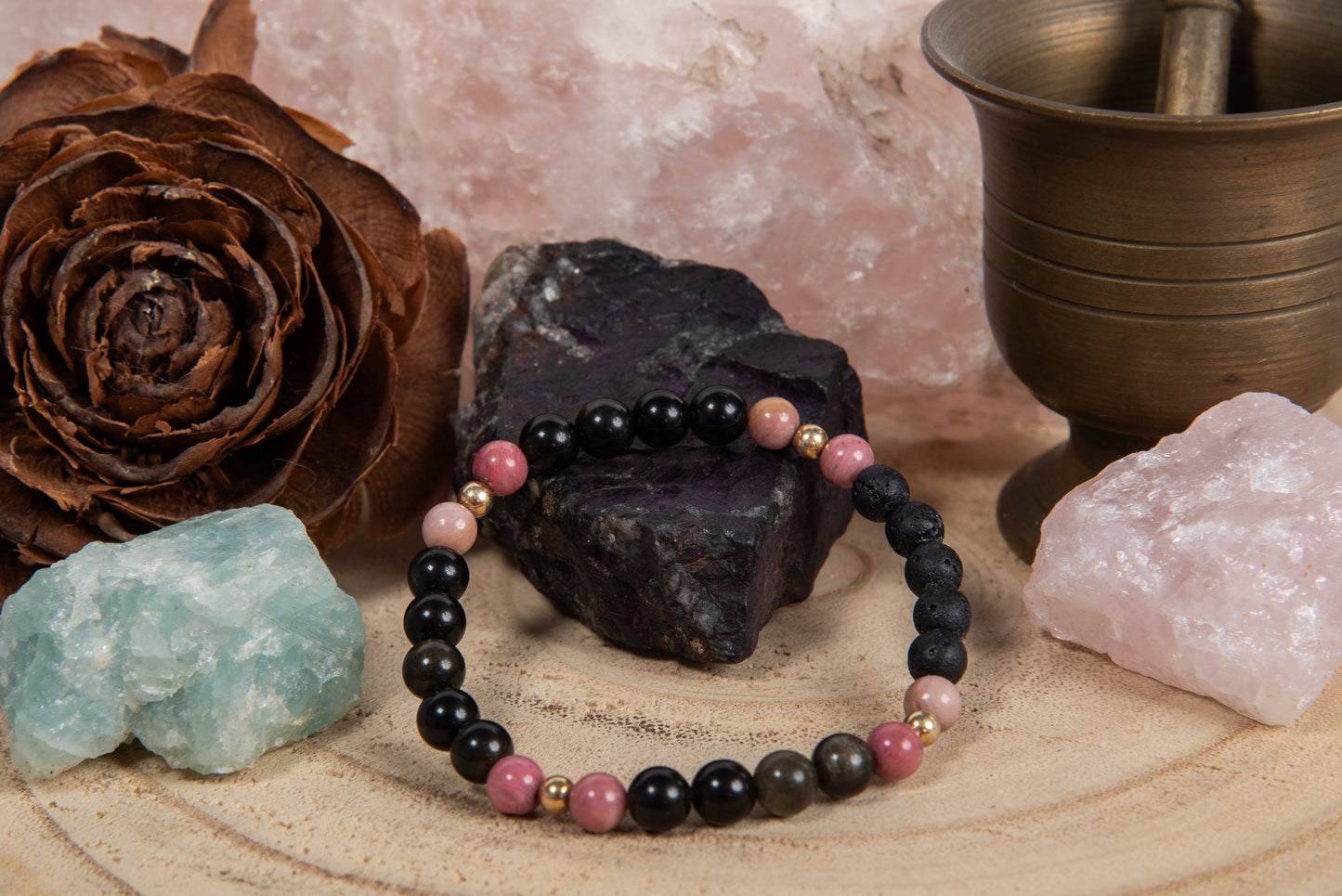 Ossidiana dorata, rodonite, lava, argento dorato 925