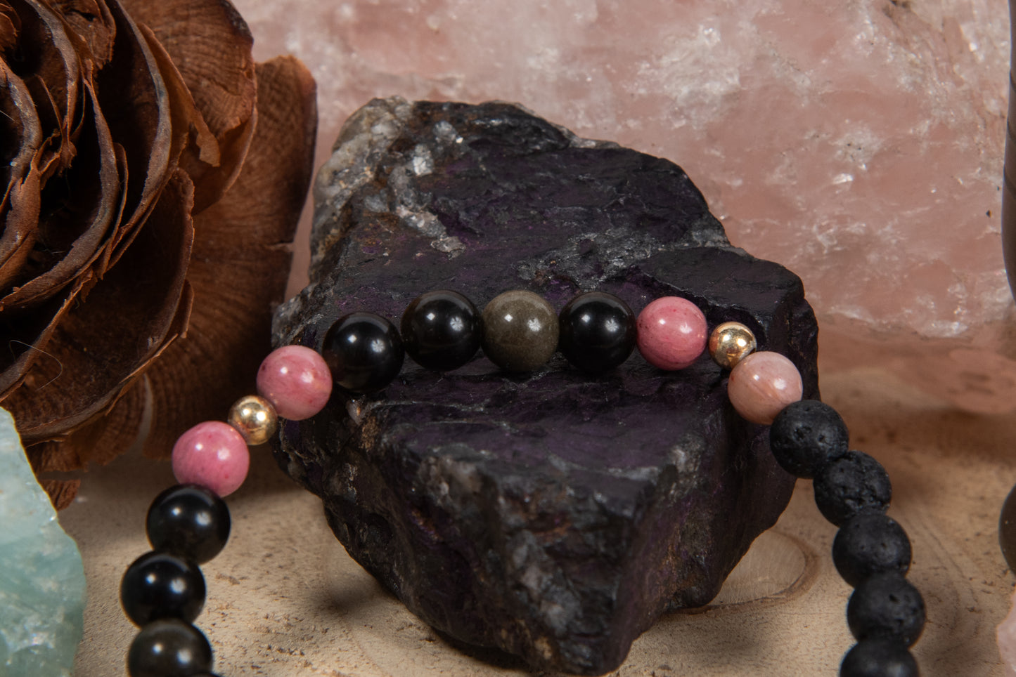 Ossidiana dorata, rodonite, lava, argento dorato 925