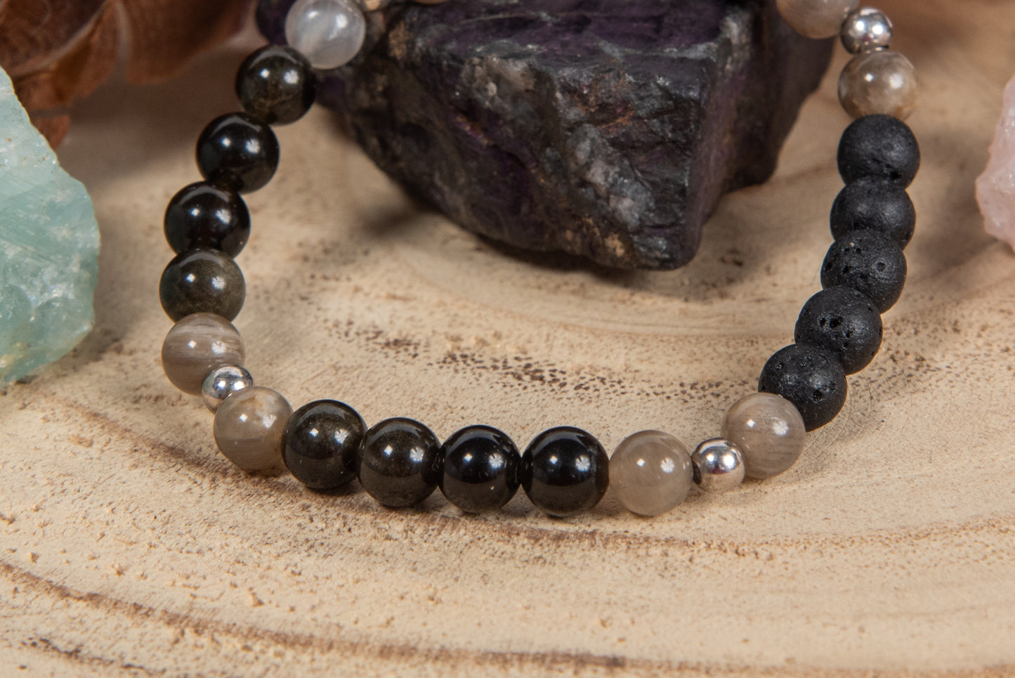 Ossidiana dorata, pietra di luna nera, lava, argento 925