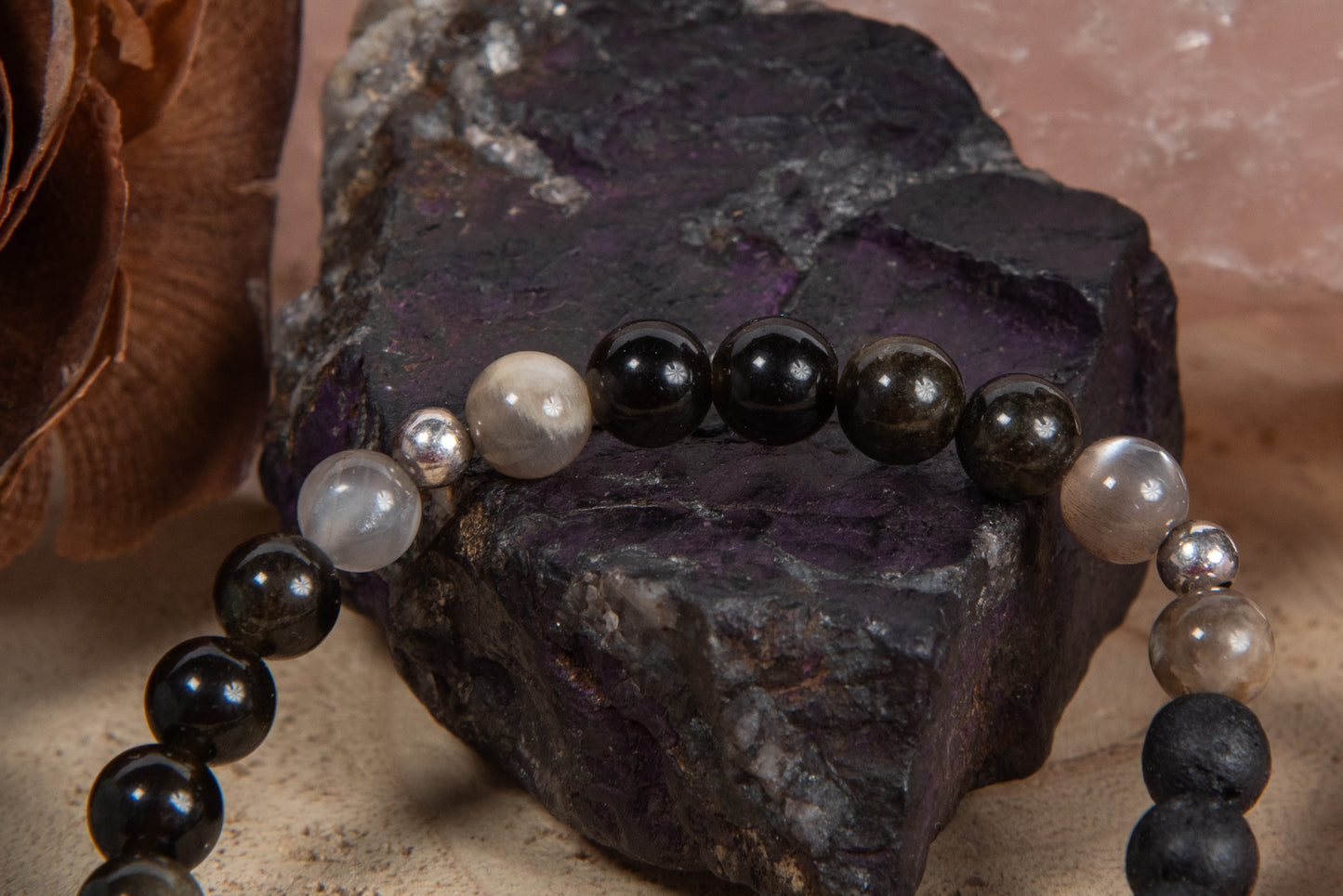 Ossidiana dorata, pietra di luna nera, lava, argento 925