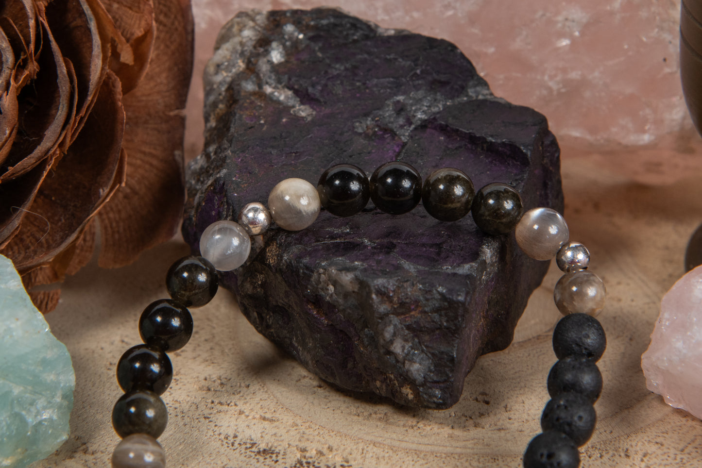 Ossidiana dorata, pietra di luna nera, lava, argento 925