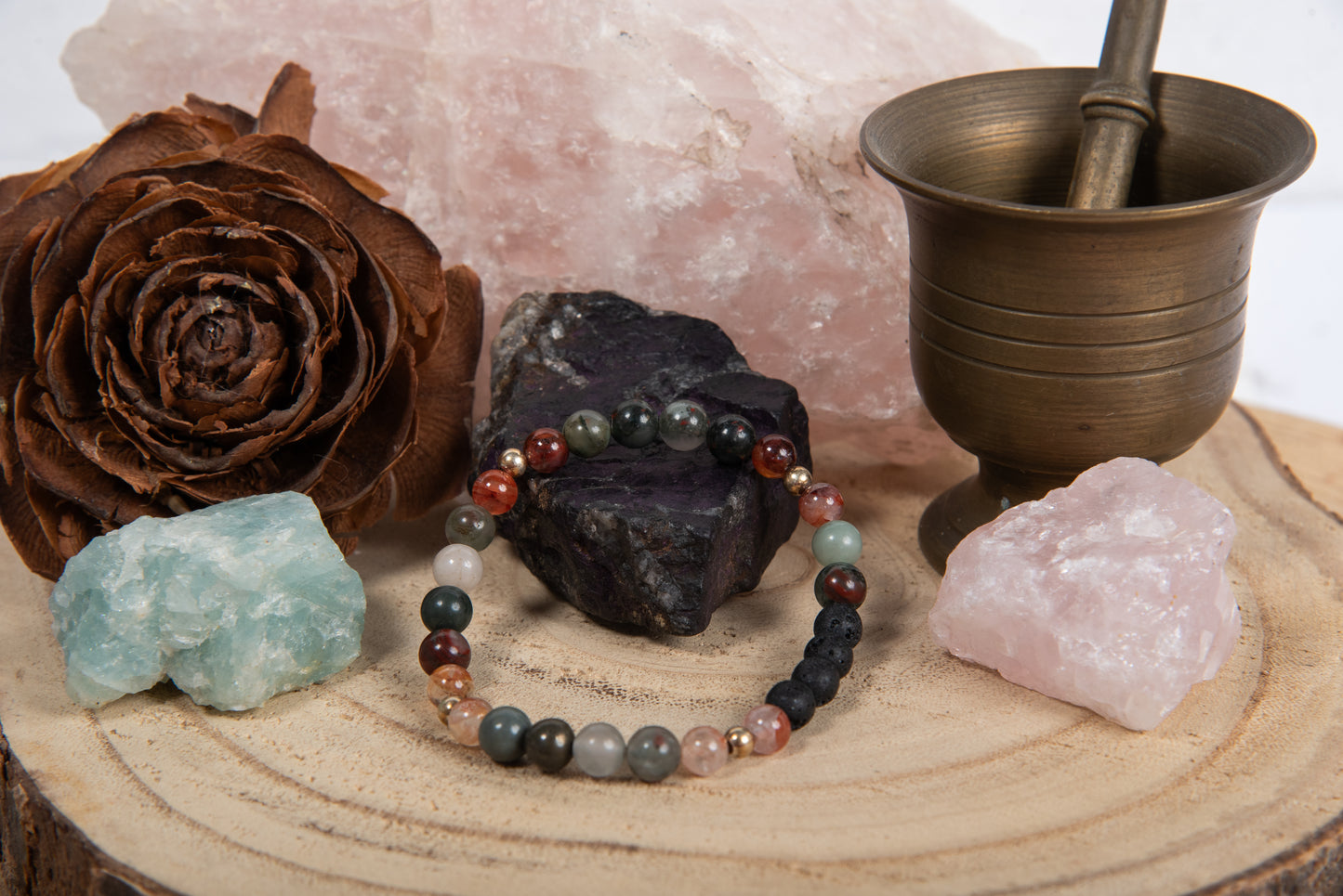 Quarzo ematoide, eliotropio, lava, argento dorato 925