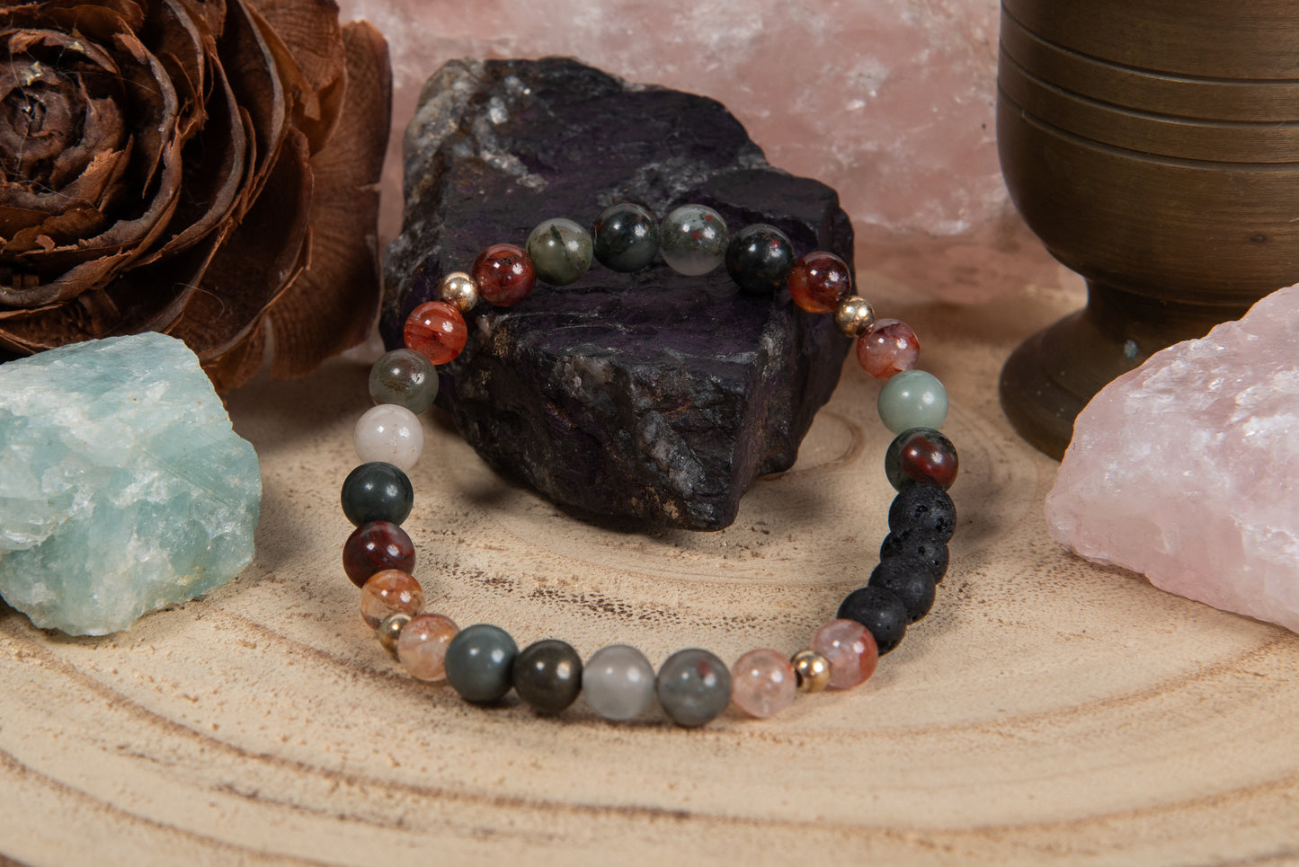 Quarzo ematoide, eliotropio, lava, argento dorato 925