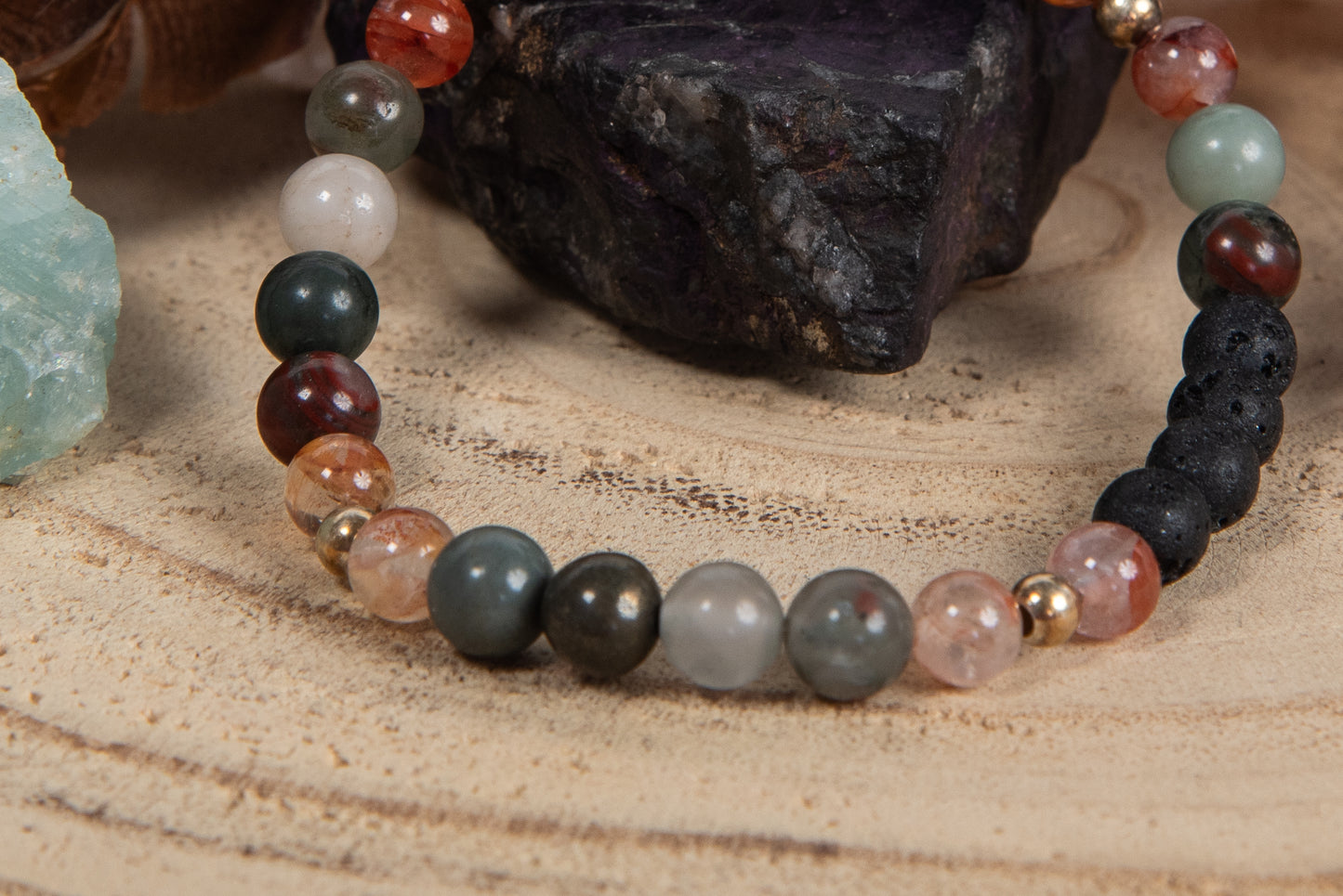 Quarzo ematoide, eliotropio, lava, argento dorato 925