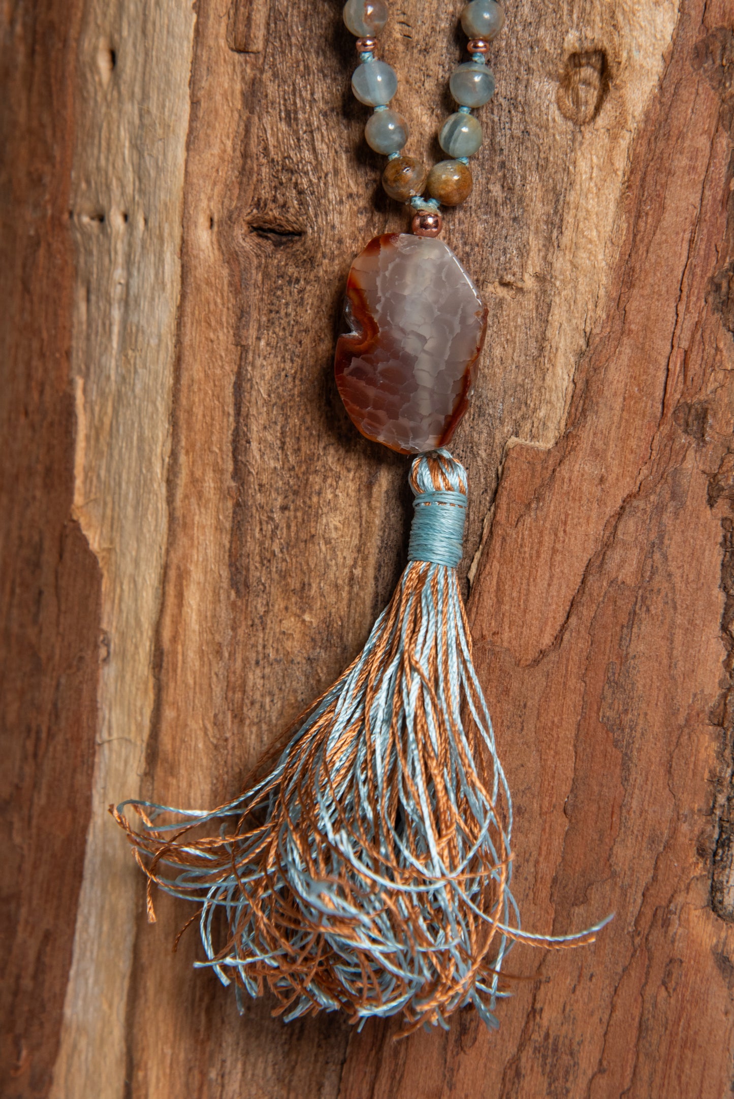 Mala collana 108 perle Calcite blu, pietra guru Agata, rame