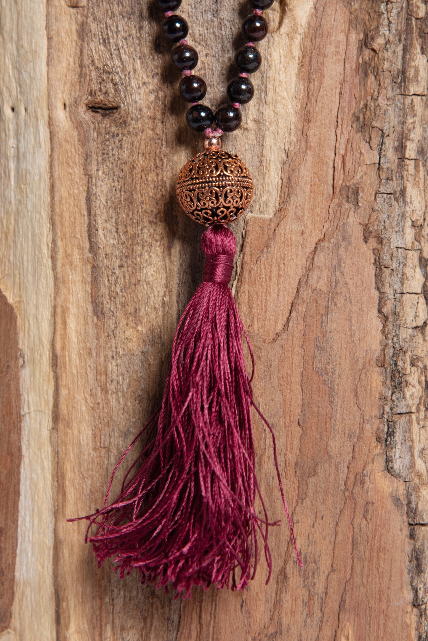 Mala 108 con pietre naturali di Granato, Perla Guru Rame, rame