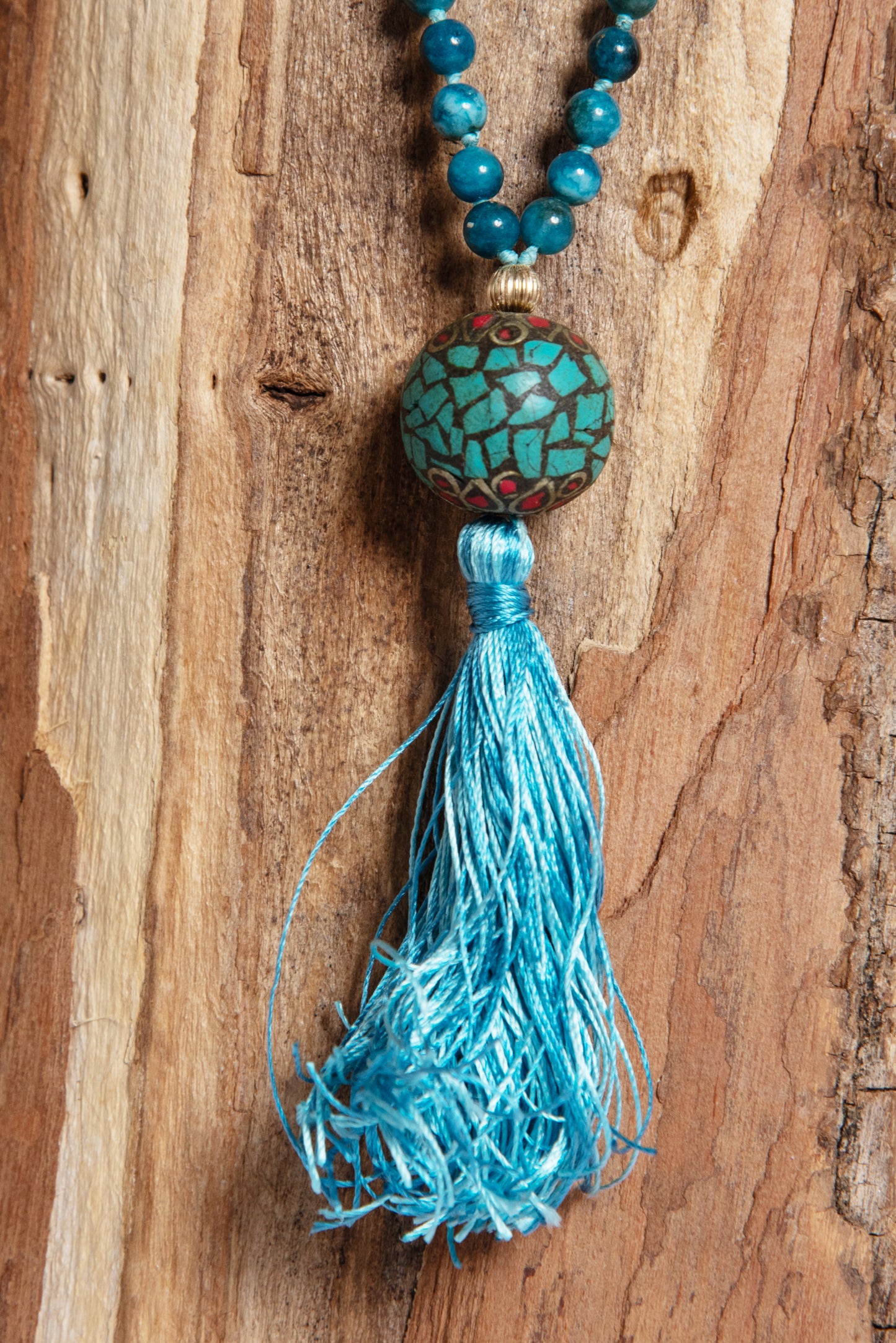 Mala da meditazione in Apatite, Perla Guru Tibetana, Argento dorato 925, placcato oro 14 kt