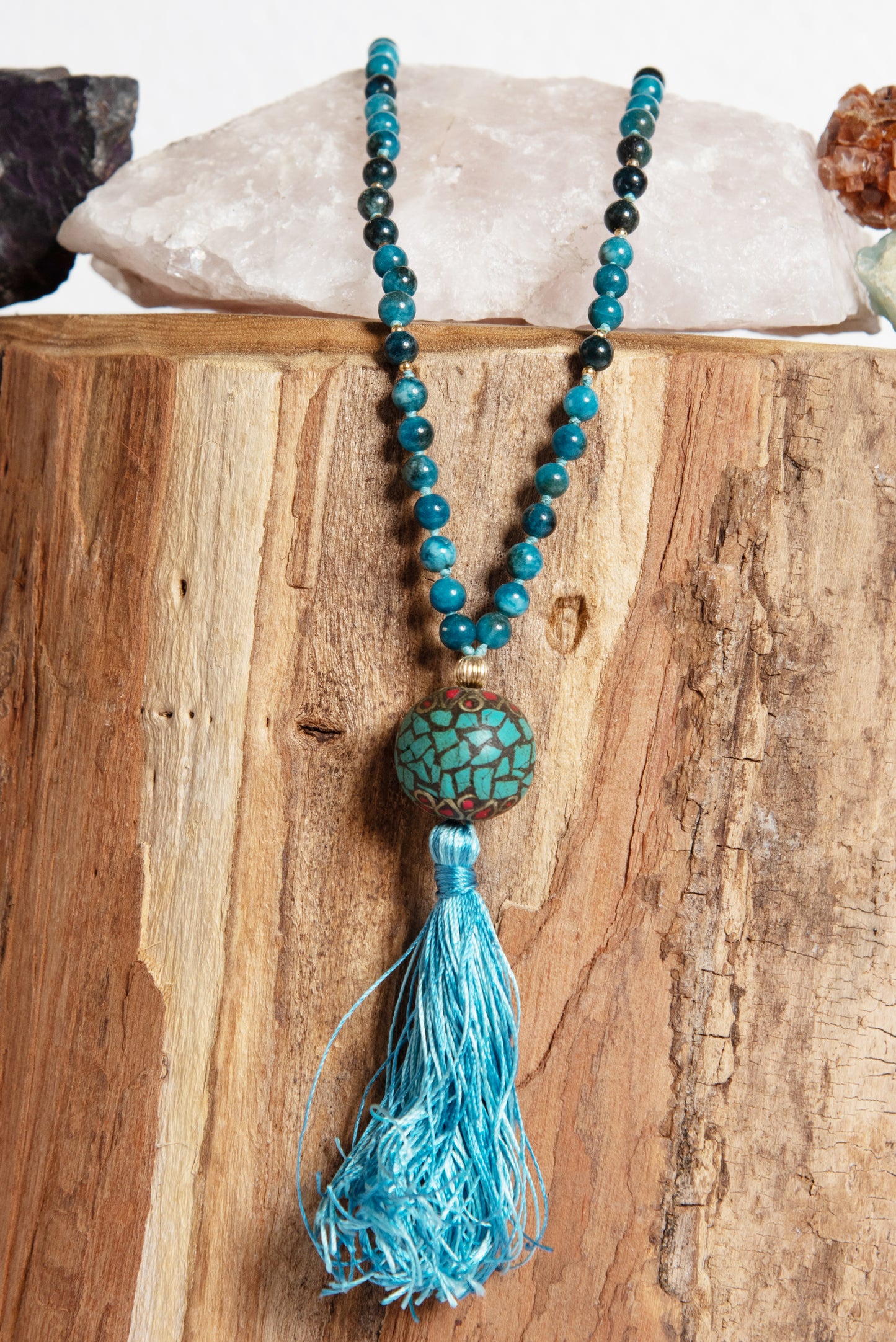 Mala da meditazione in Apatite, Perla Guru Tibetana, Argento dorato 925, placcato oro 14 kt