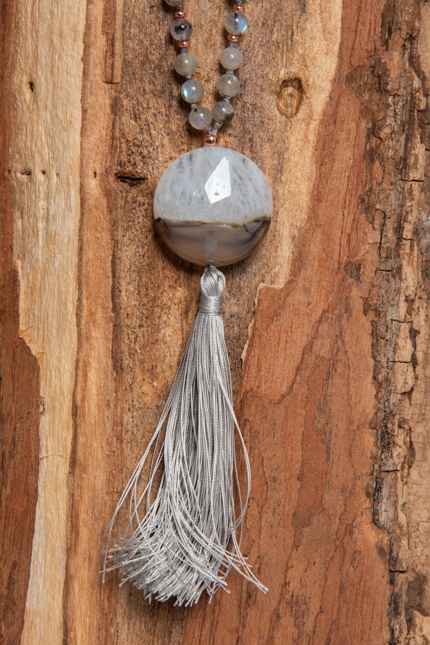 Mala collana artigianale 108 perle Labradorite, pietra guru Agata, rame