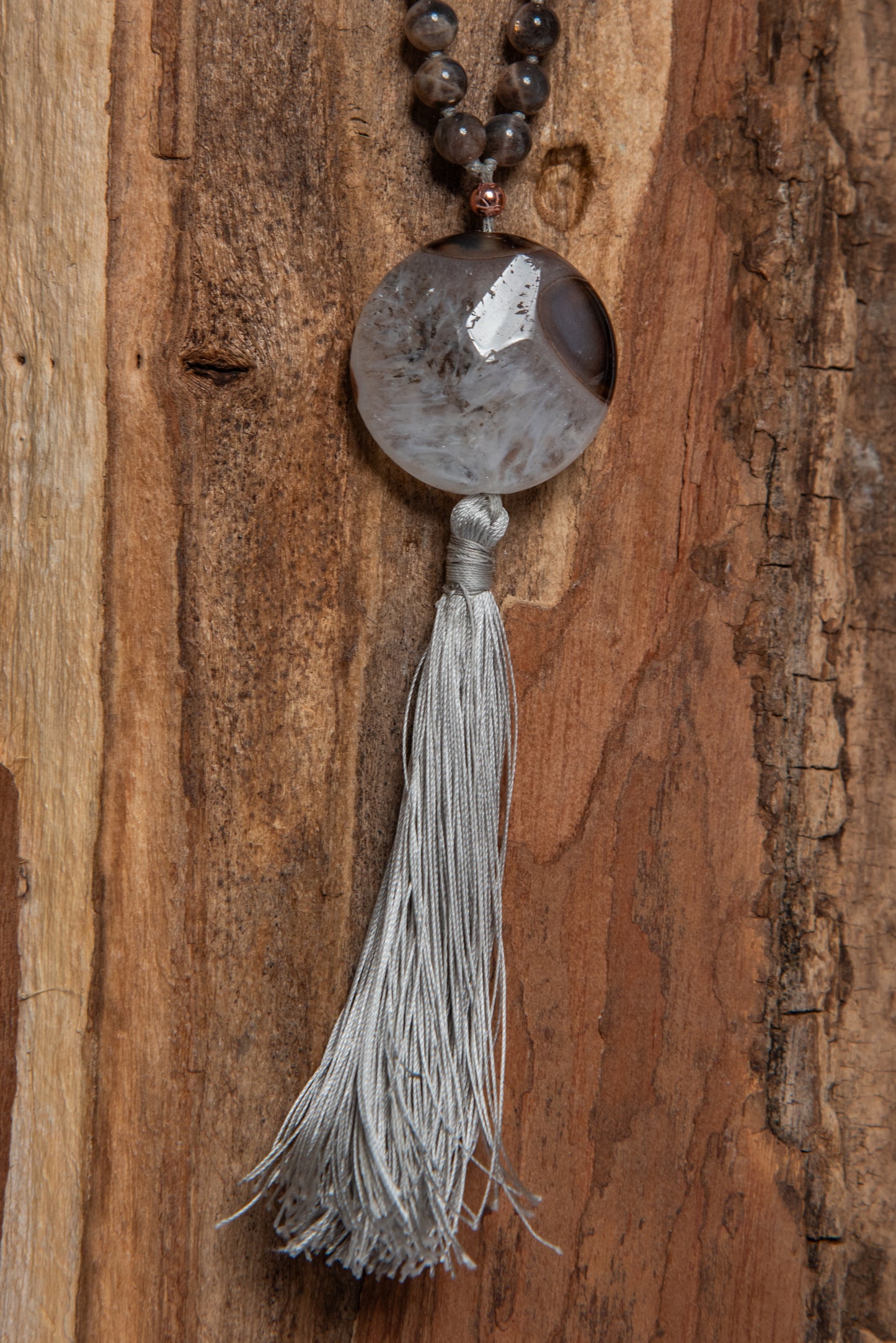 Mala da meditazione in Pietra di luna nera naturale, Pietra Guru Agata, Rame