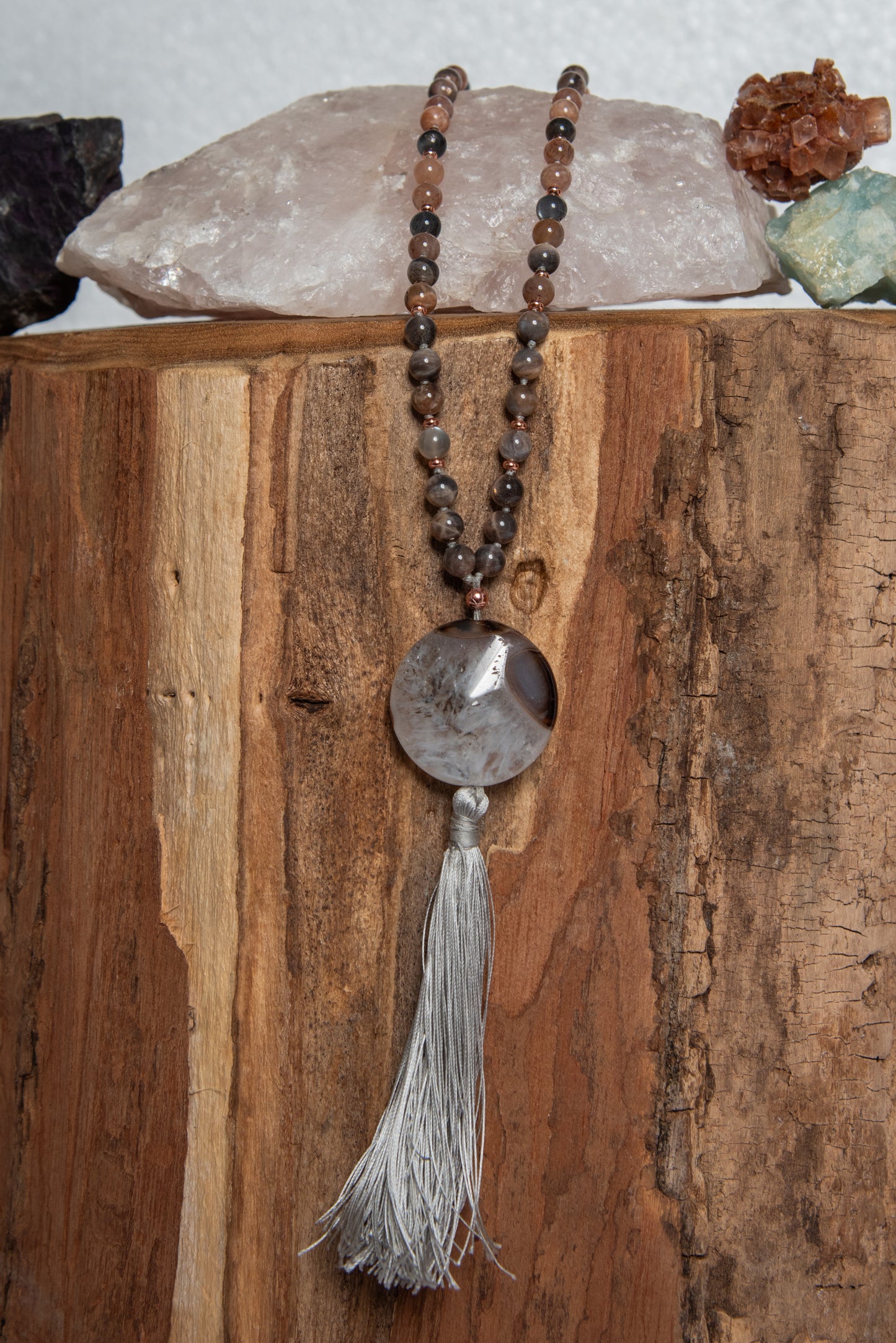 Mala da meditazione in Pietra di luna nera naturale, Pietra Guru Agata, Rame