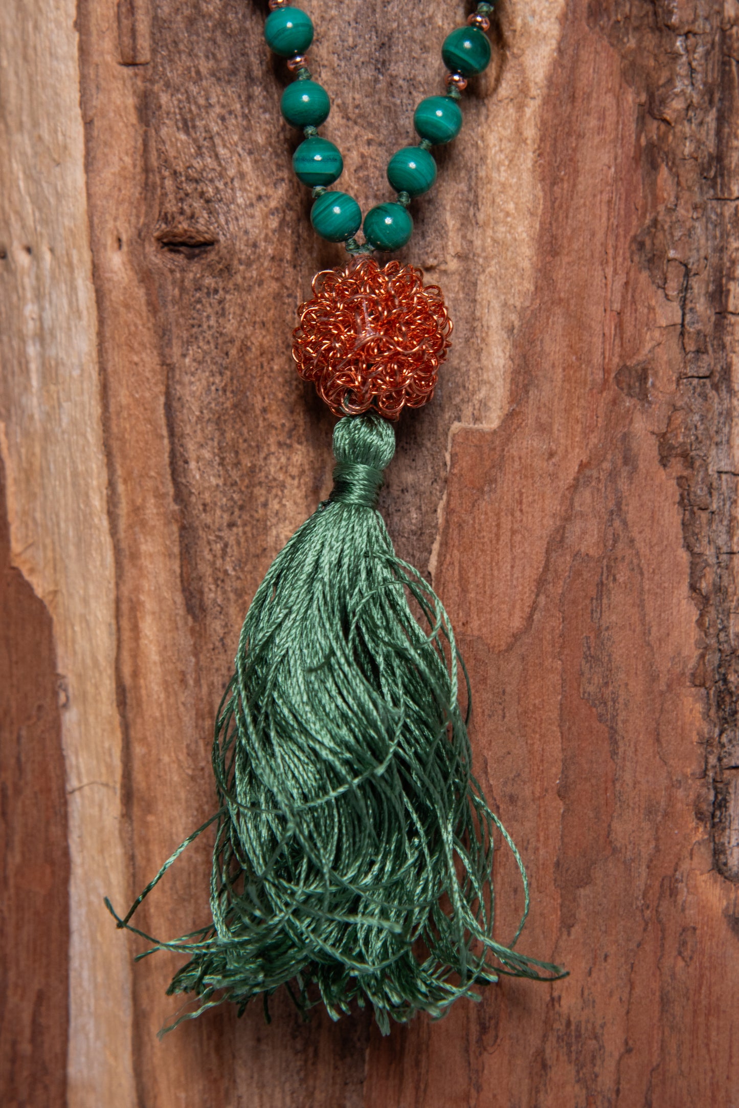 Mala 108 con pietre naturali di Malachite, Perla Guru Rame, rame