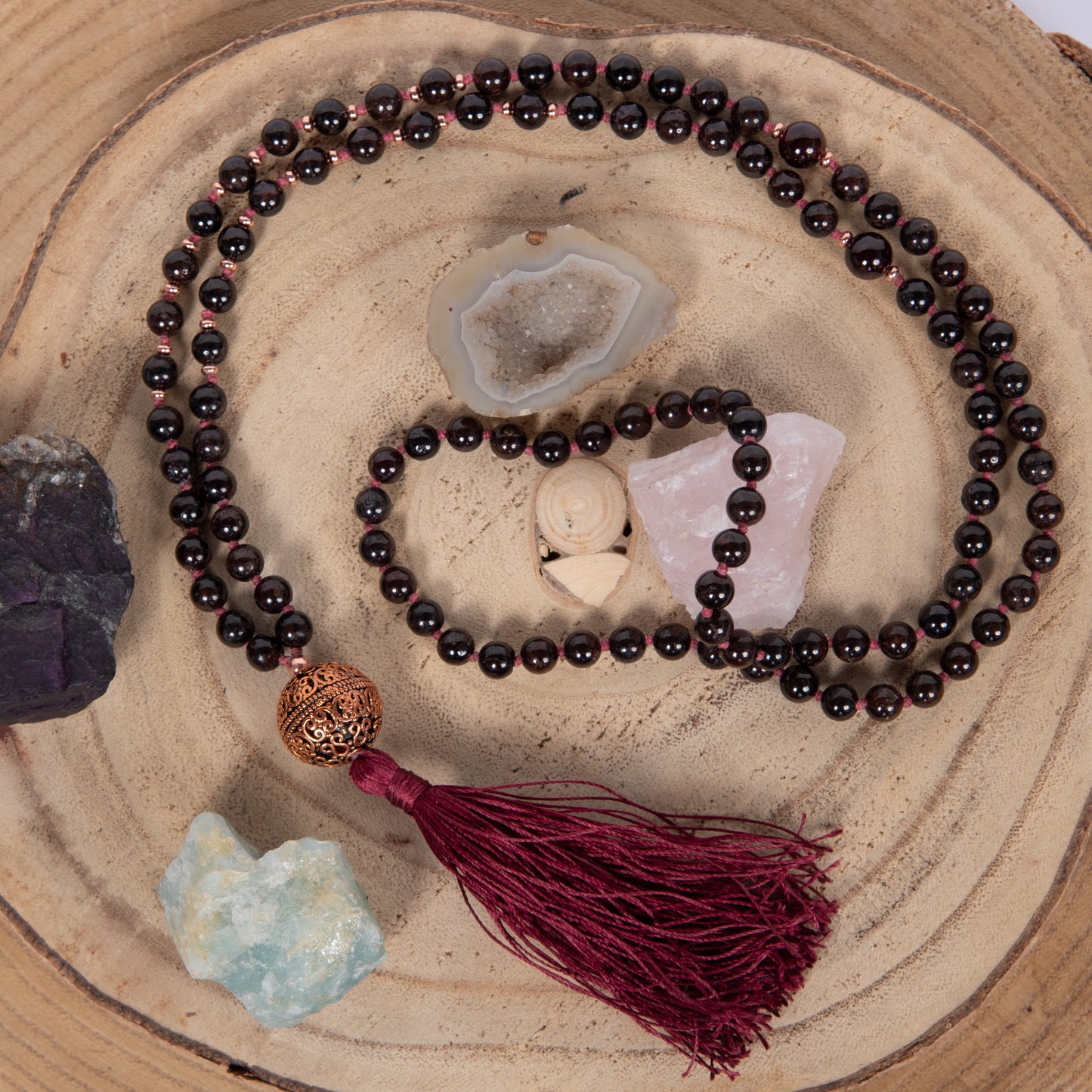 Mala 108 con pietre naturali di Granato, Perla Guru Rame, rame