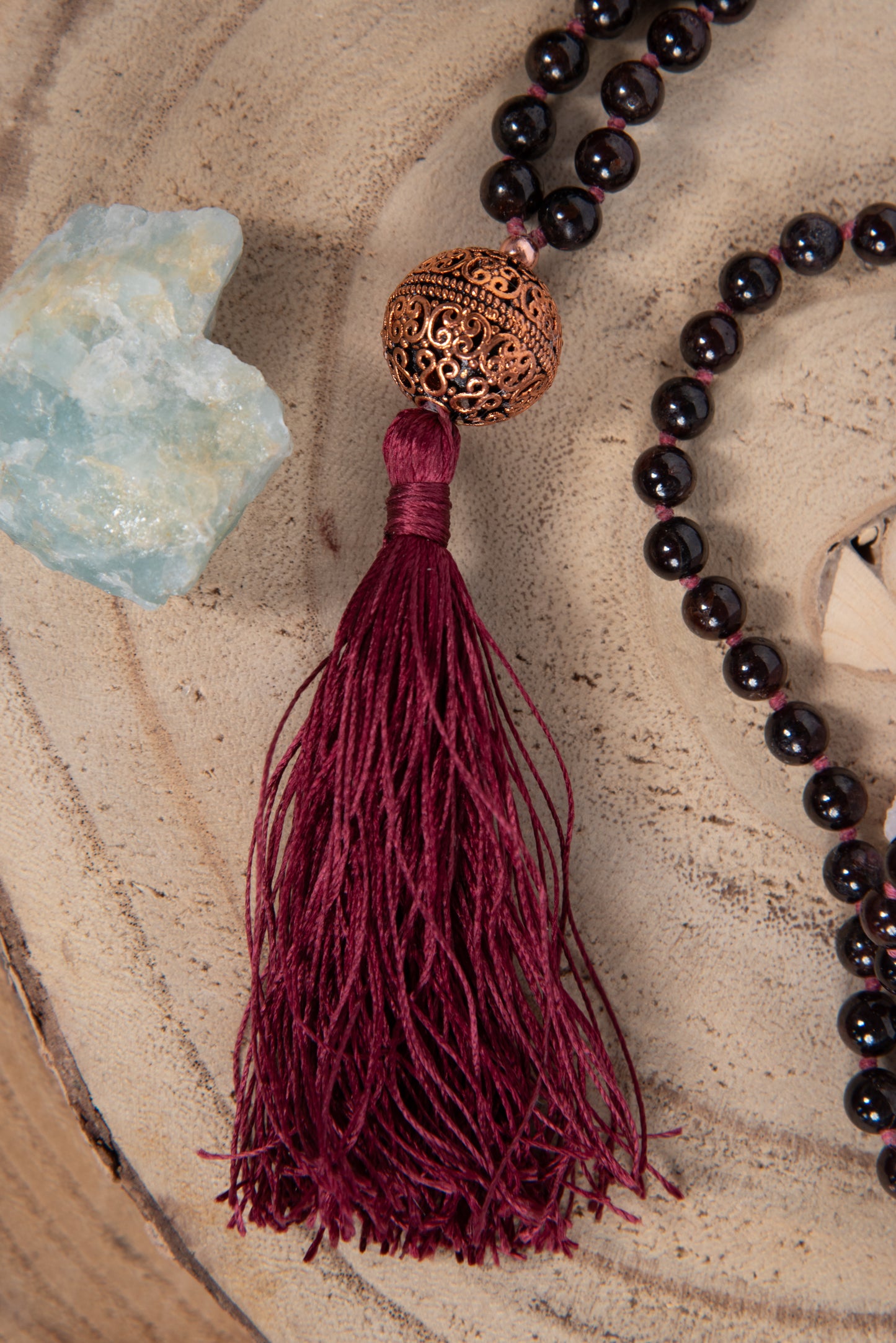 Mala 108 con pietre naturali di Granato, Perla Guru Rame, rame